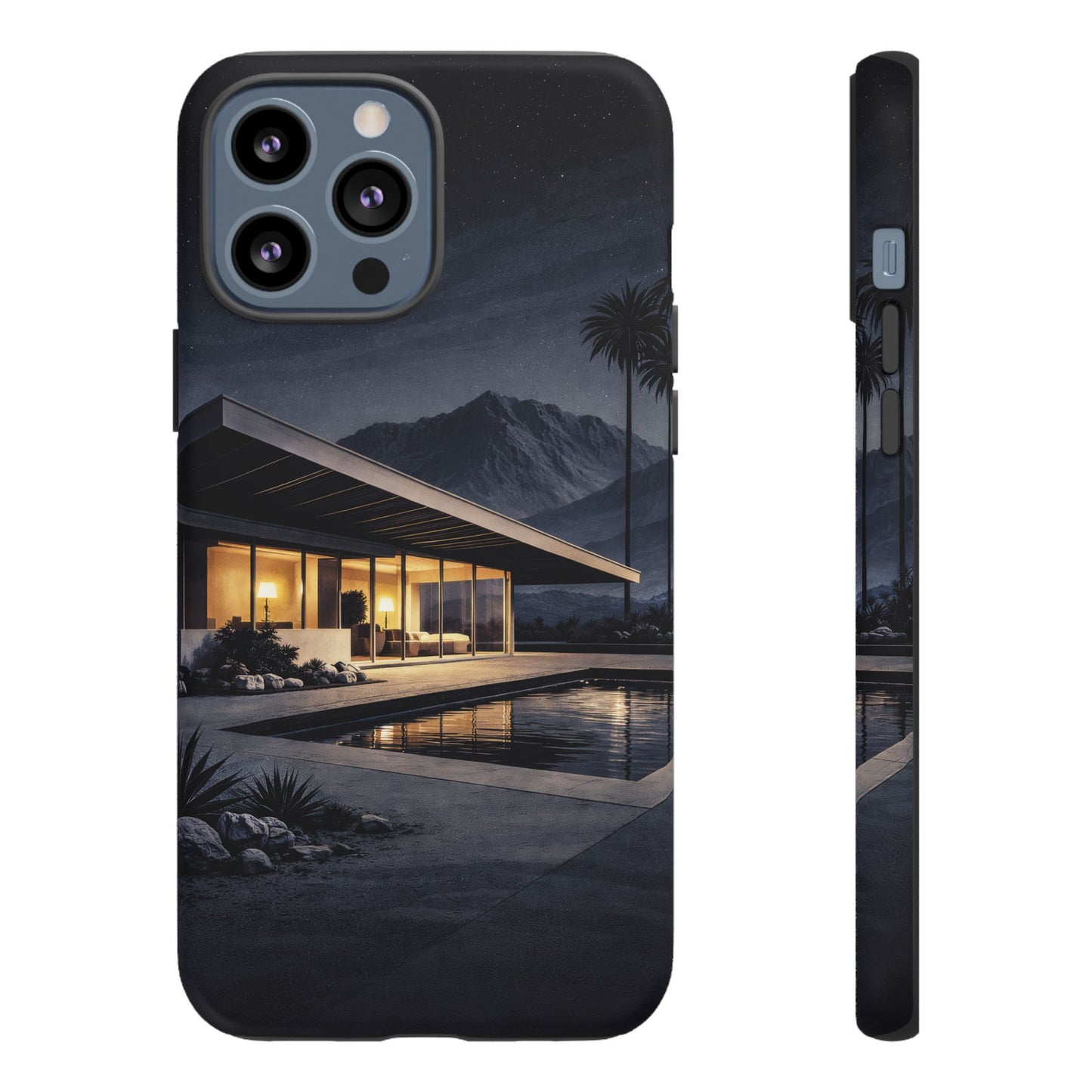 Modern Palm Springs House Phone Case — Mid-Century Poolside Evening Scene