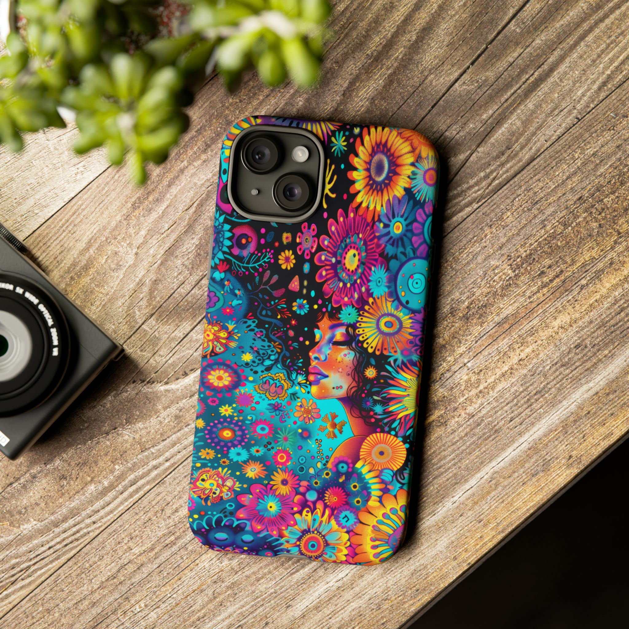Phone Case, 1970's inspired flower girl, Artistic design, Tough Case, Colorful whimsical flower fantasy design, iPhone 15, 14, 13, 12, 11, Samsung, Pixel