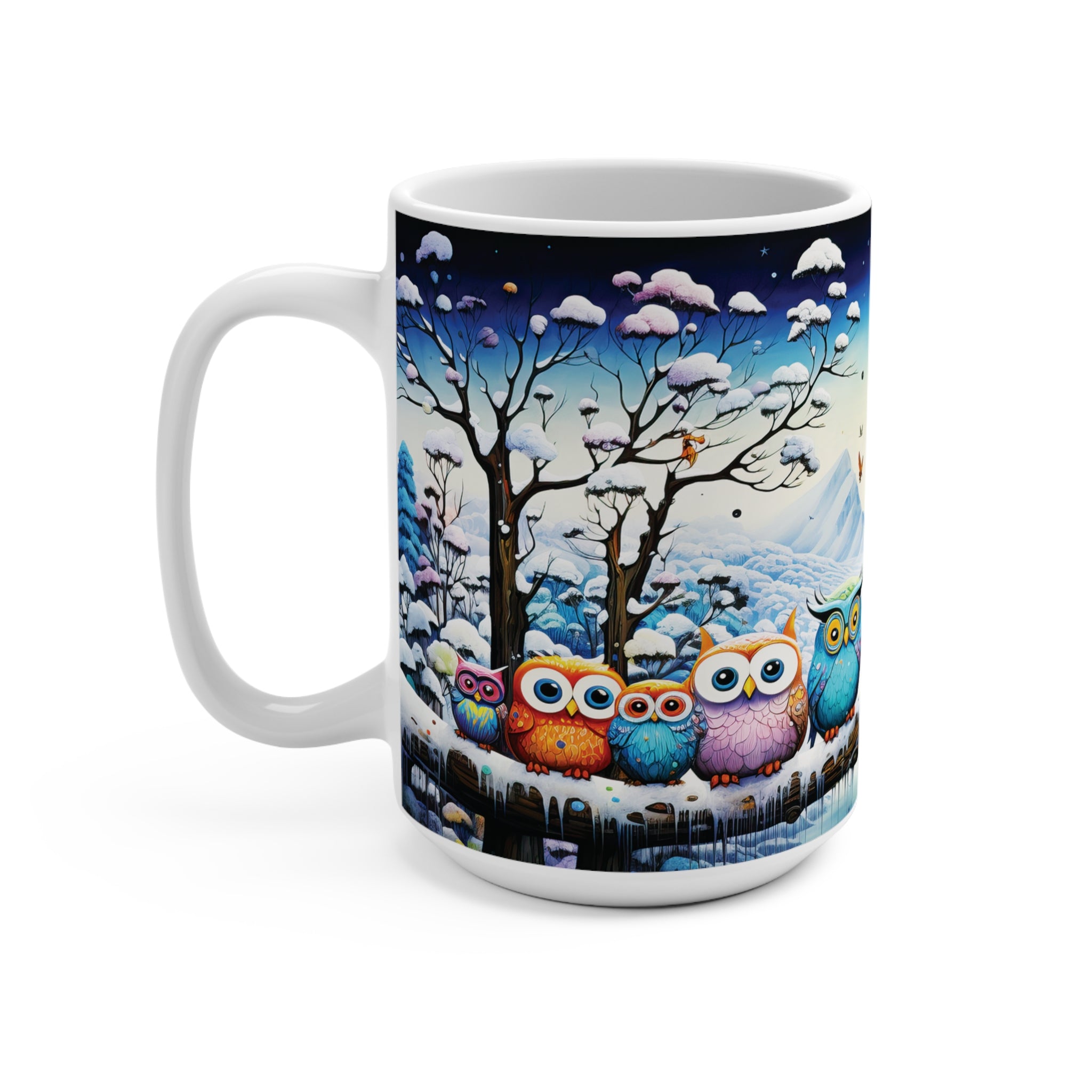 Mug 15oz Family of Owls on a Snowy Branch