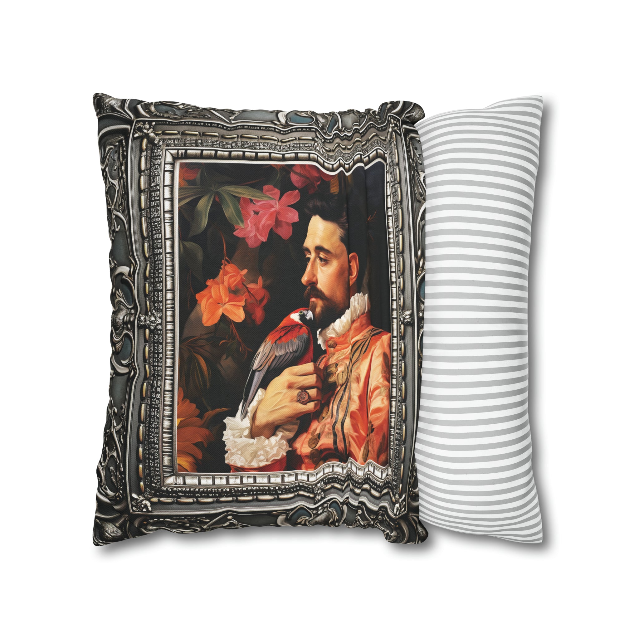 Square Pillow Case 18" x 18", CASE ONLY, no pillow form, original Art ,Colorful, a painting of an Italian Aristocrat and his Bird, Antique Frame