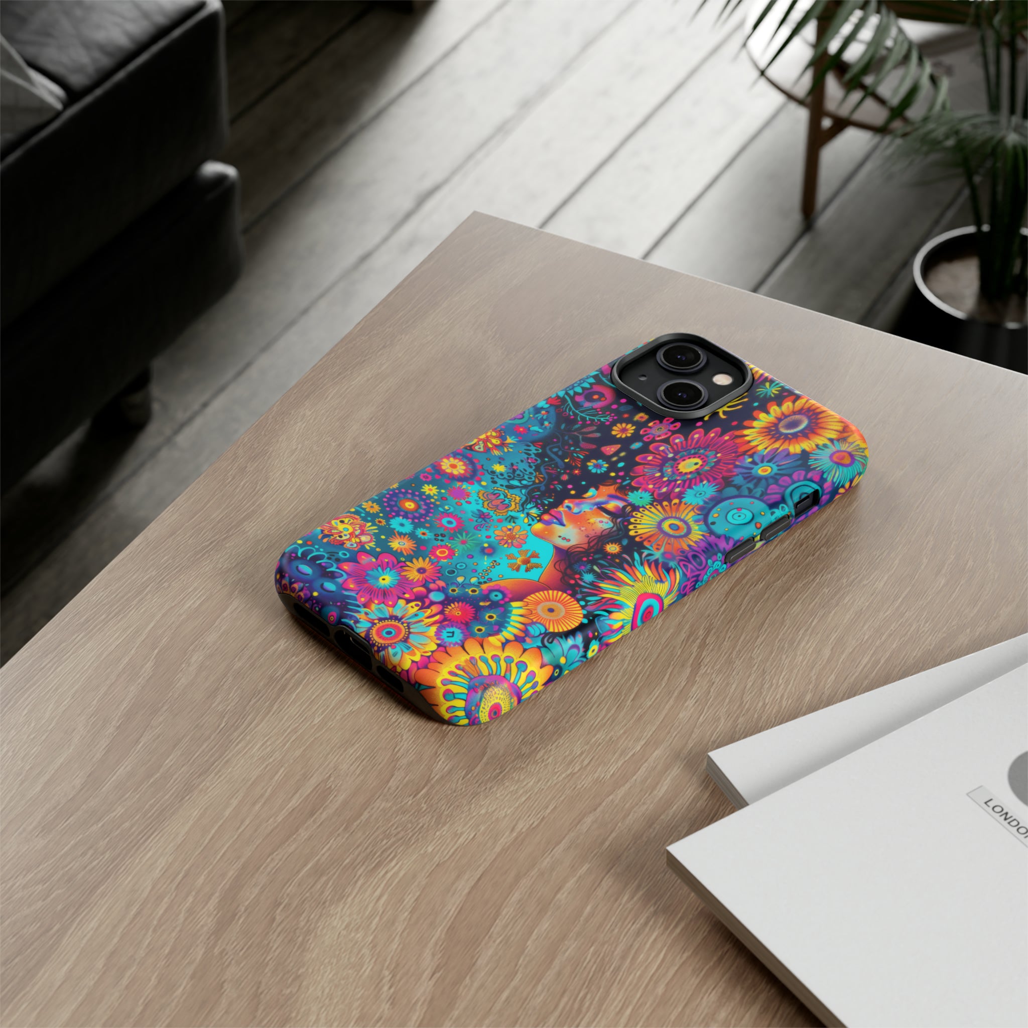 Phone Case, 1970's inspired flower girl, Artistic design, Tough Case, Colorful whimsical flower fantasy design, iPhone 15, 14, 13, 12, 11, Samsung, Pixel
