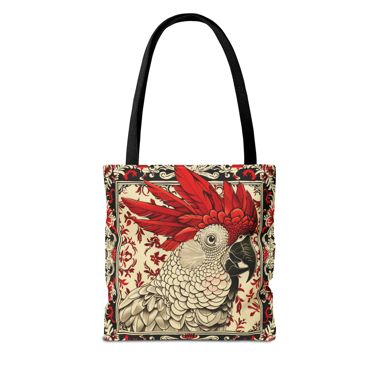 Canvas Tote Bag, vintage inspired cockatoo design, vibrant artistic accessory, whimsical all over print bag, three sizes