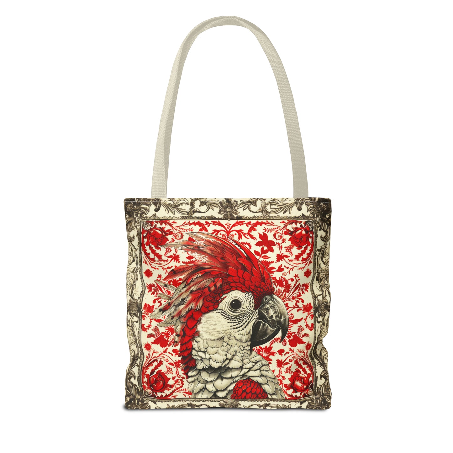 Canvas Tote Bag, vintage inspired bird design in red, vibrant artistic accessory, all over print bag