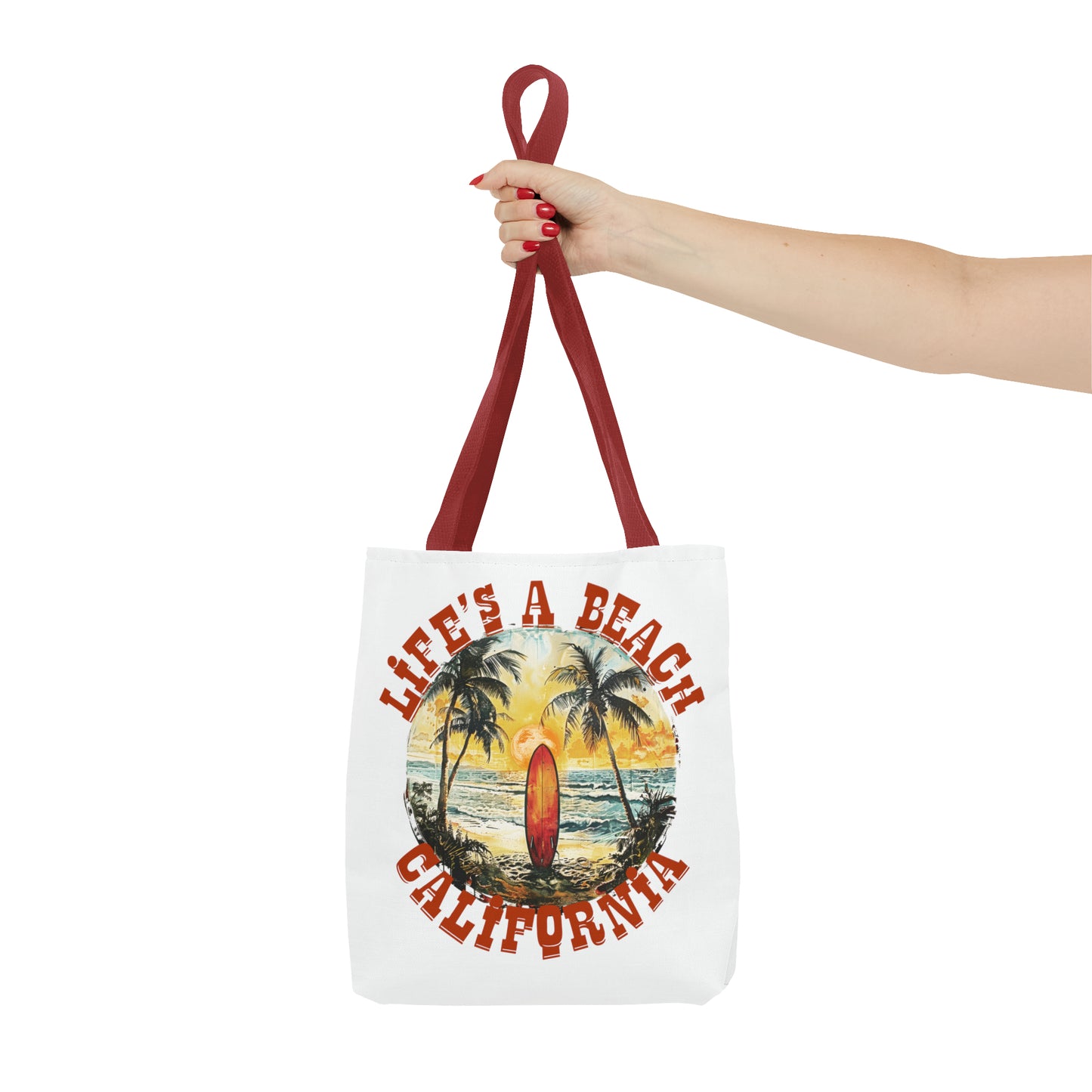 Life's a beach with red strap Tote Bag (AOP)