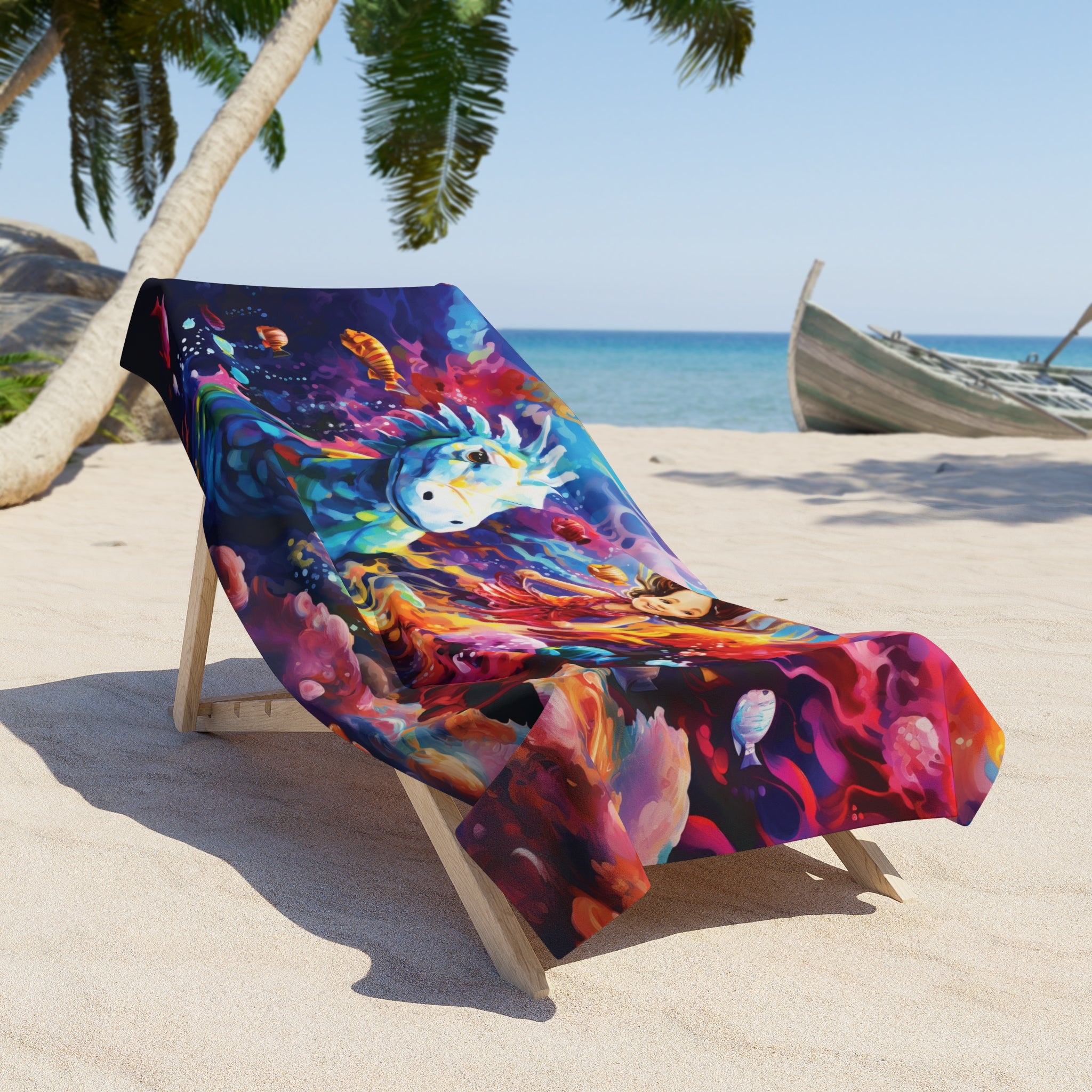 Girl swimming with a sea creature Beach Towel in two sizes