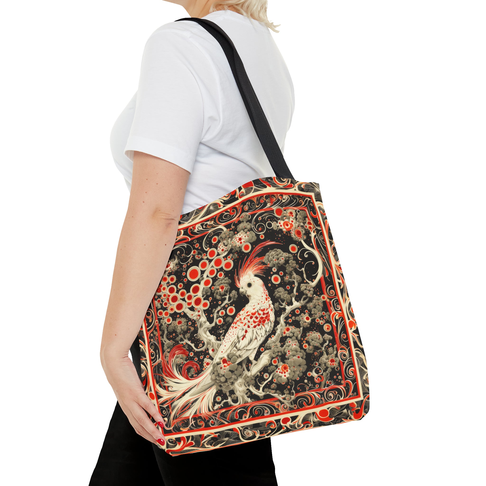 Canvas Tote Bag, vintage inspired bird design, vibrant artistic accessory, whimsical all over print bag in three sizes, cockatiel design
