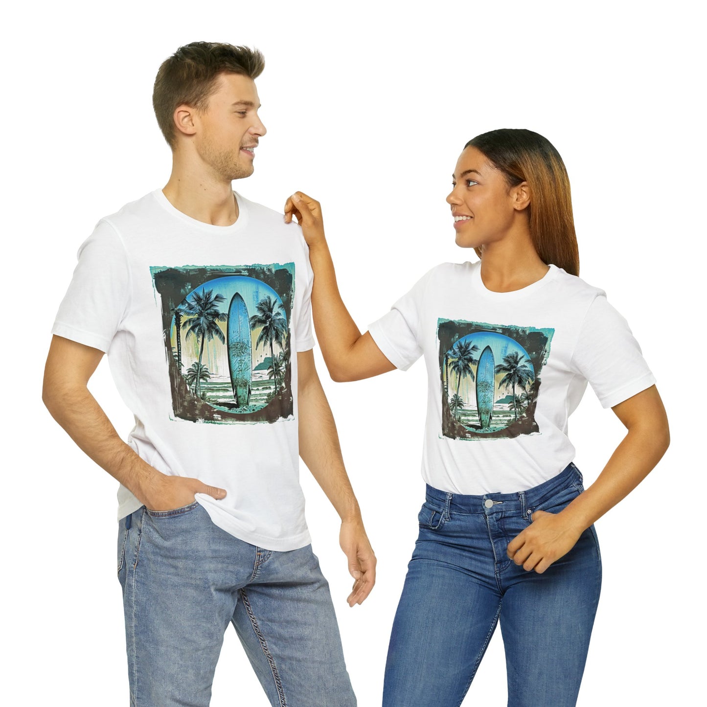 Blue board on the beach Unisex Jersey Short Sleeve Tee