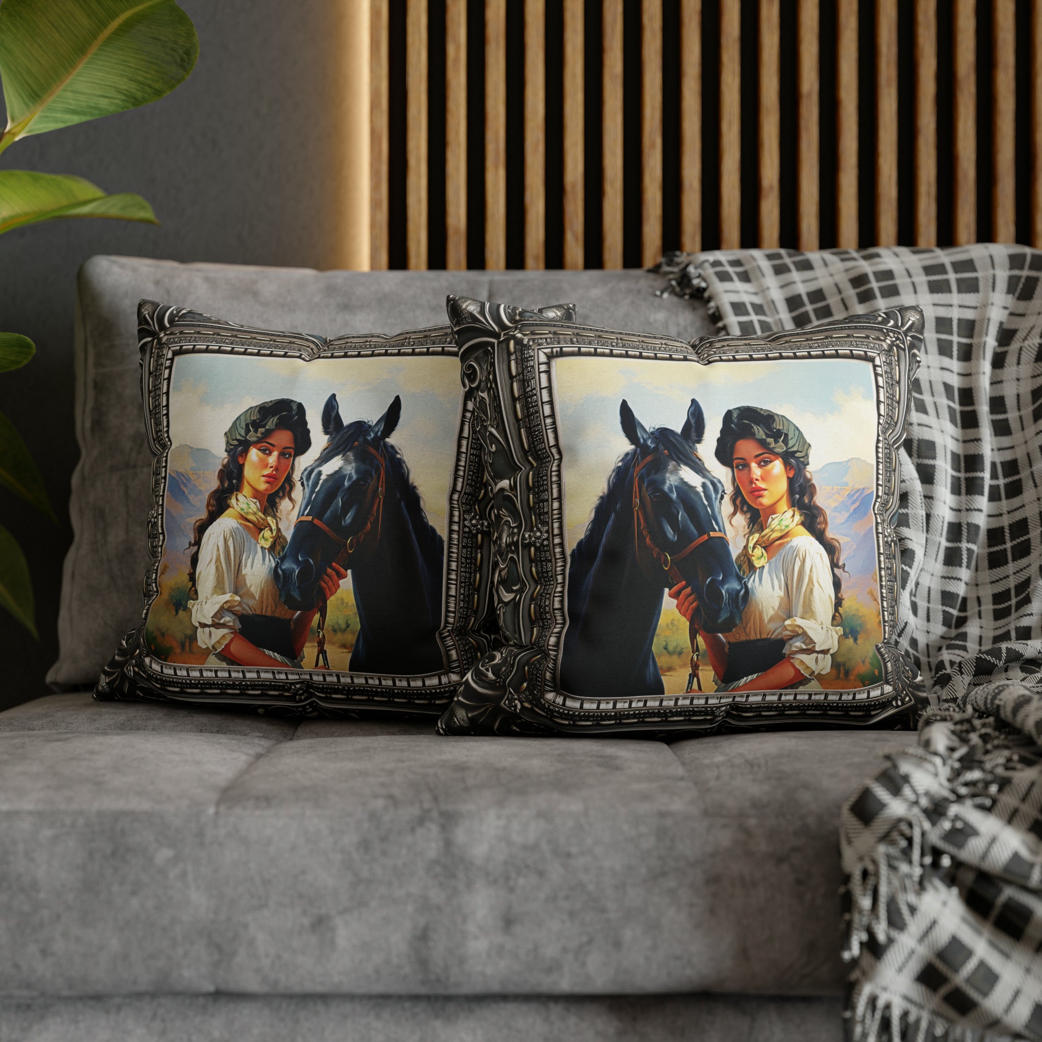 Square Pillow Case 18" x 18", CASE ONLY, no pillow form, original Art ,a Painting of a Tuscan Woman with Her Horse in the Countryside