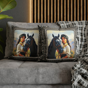 Square Pillow Case 18" x 18", CASE ONLY, no pillow form, original Art ,a Painting of a Tuscan Woman with Her Horse in the Countryside