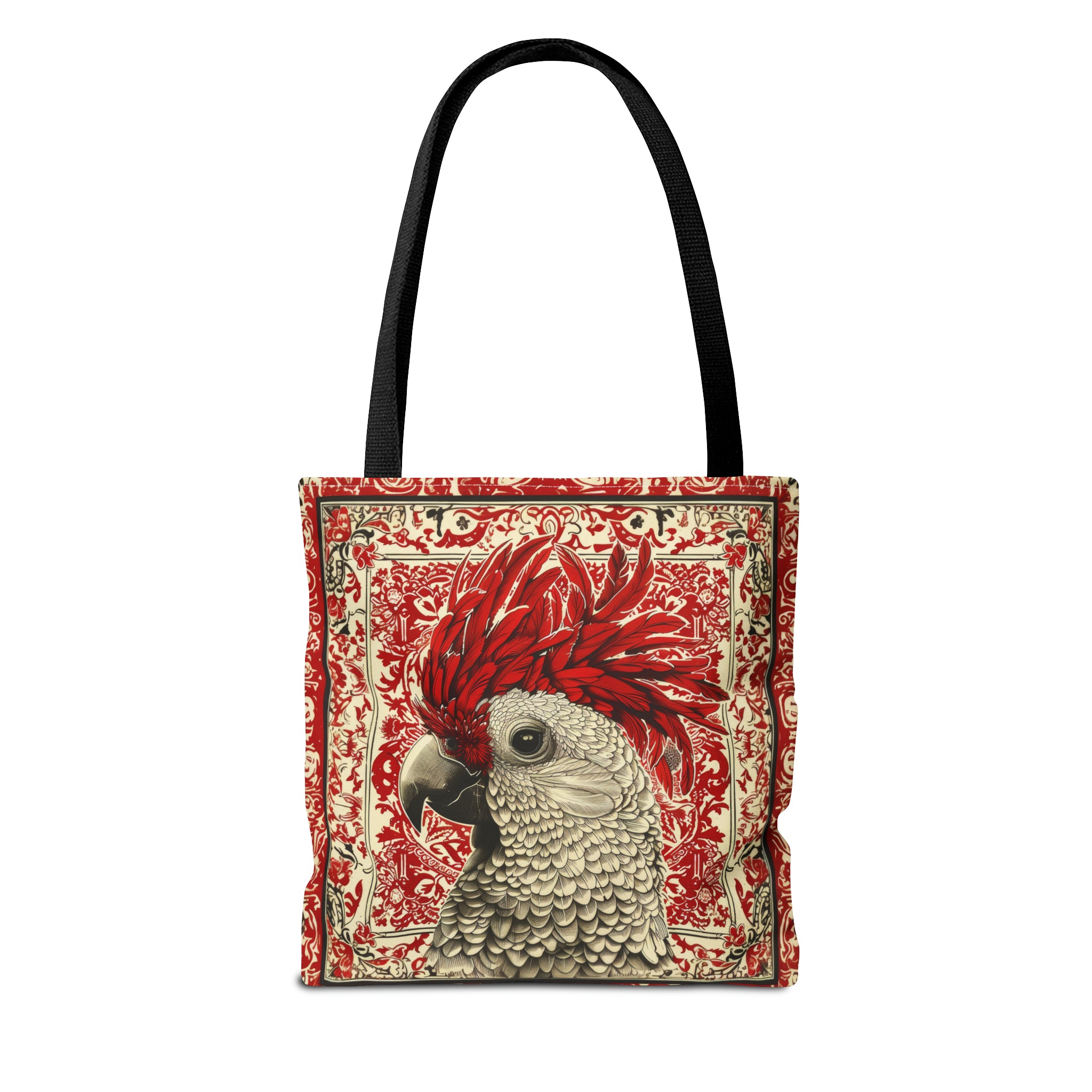 Canvas Tote Bag, vintage inspired exotic bird design in red, vibrant artistic accessory, whimsical all over print bag, three sizes
