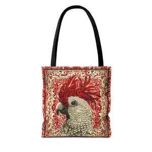 Canvas Tote Bag, vintage inspired exotic bird design in red, vibrant artistic accessory, whimsical all over print bag, three sizes