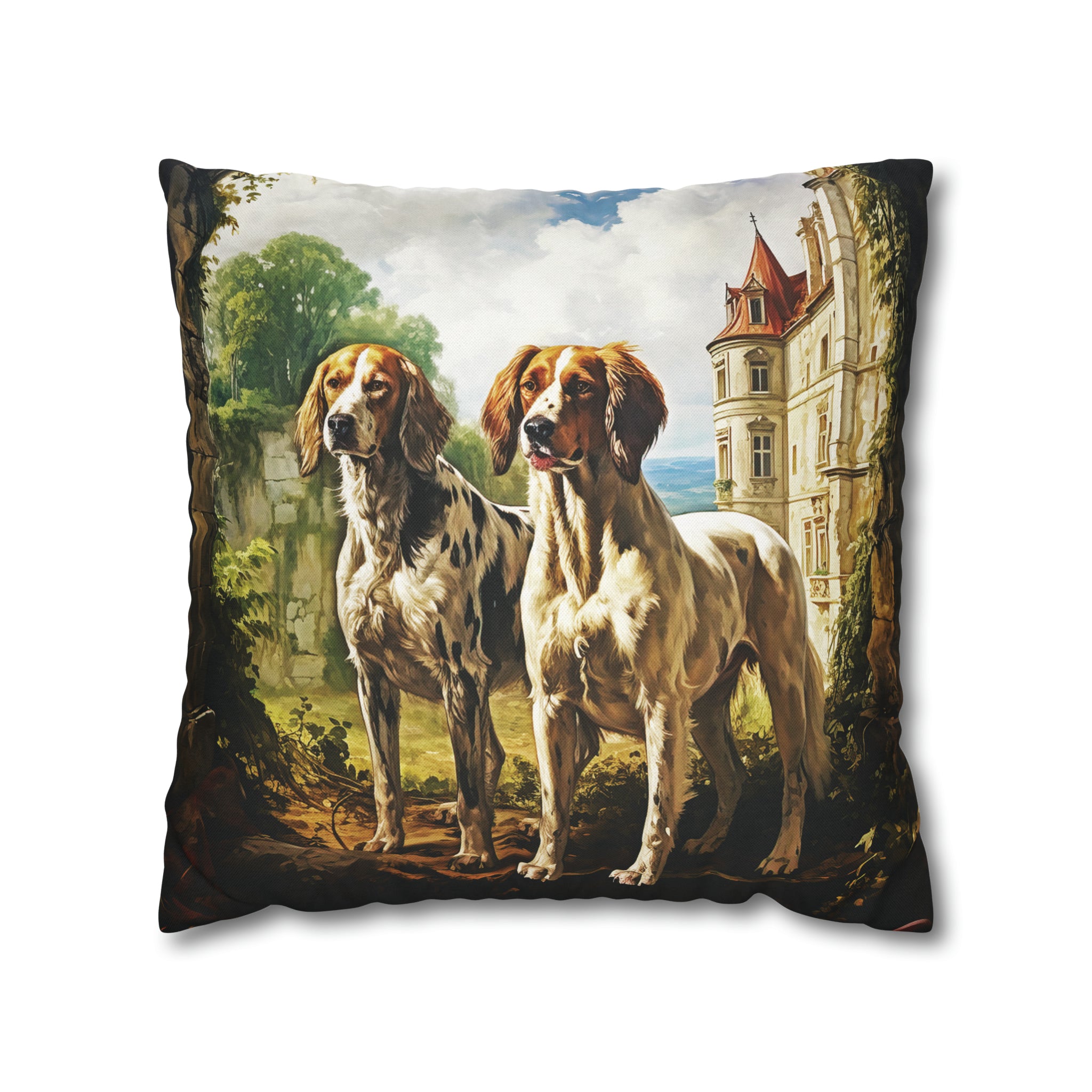 Square Pillow Case 18" x 18", CASE ONLY, no pillow form, original Art ,Colorful, Two Dogs at a French Chateau