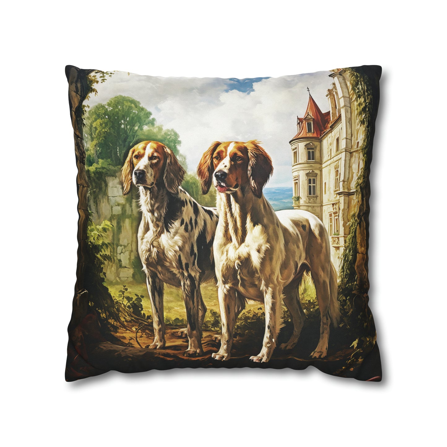 Square Pillow Case 18" x 18", CASE ONLY, no pillow form, original Art ,Colorful, Two Dogs at a French Chateau