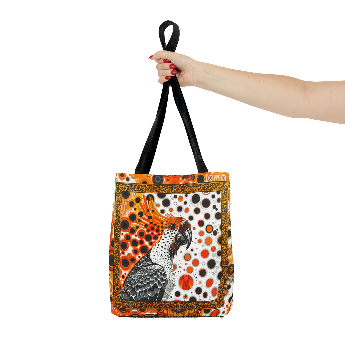 Canvas Tote Bag, Mod inspired orange bird design, vibrant artistic accessory, whimsical all over print bag in three sizes with cockatoo design