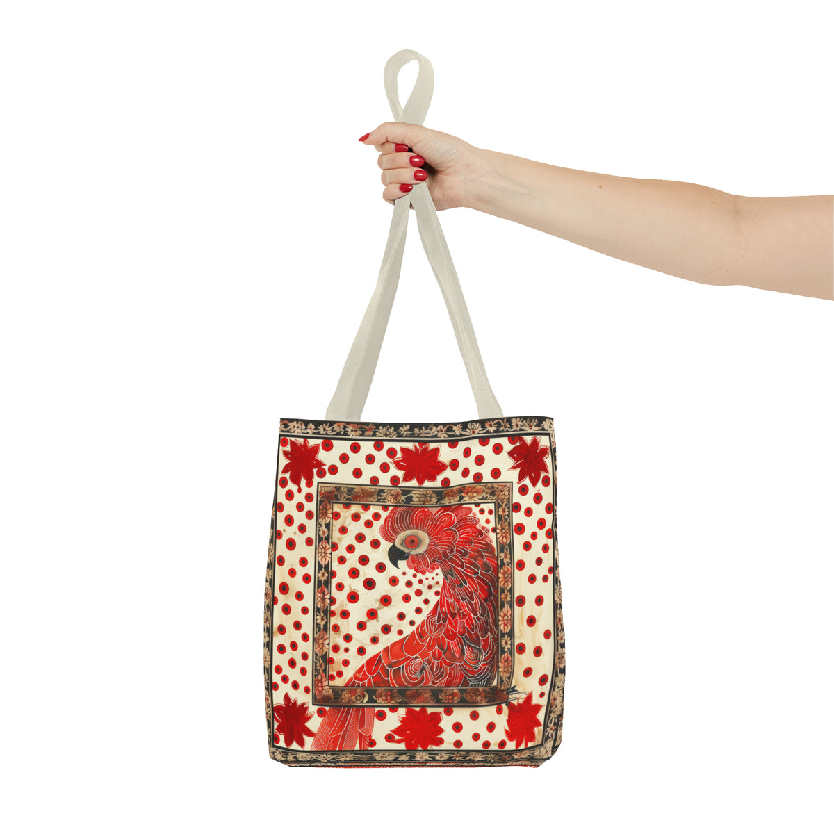 CanvasTote Bag, vintage inspired red cockatoo design, whimsical colorful printed bag, accessory tote , three sizes, all over print