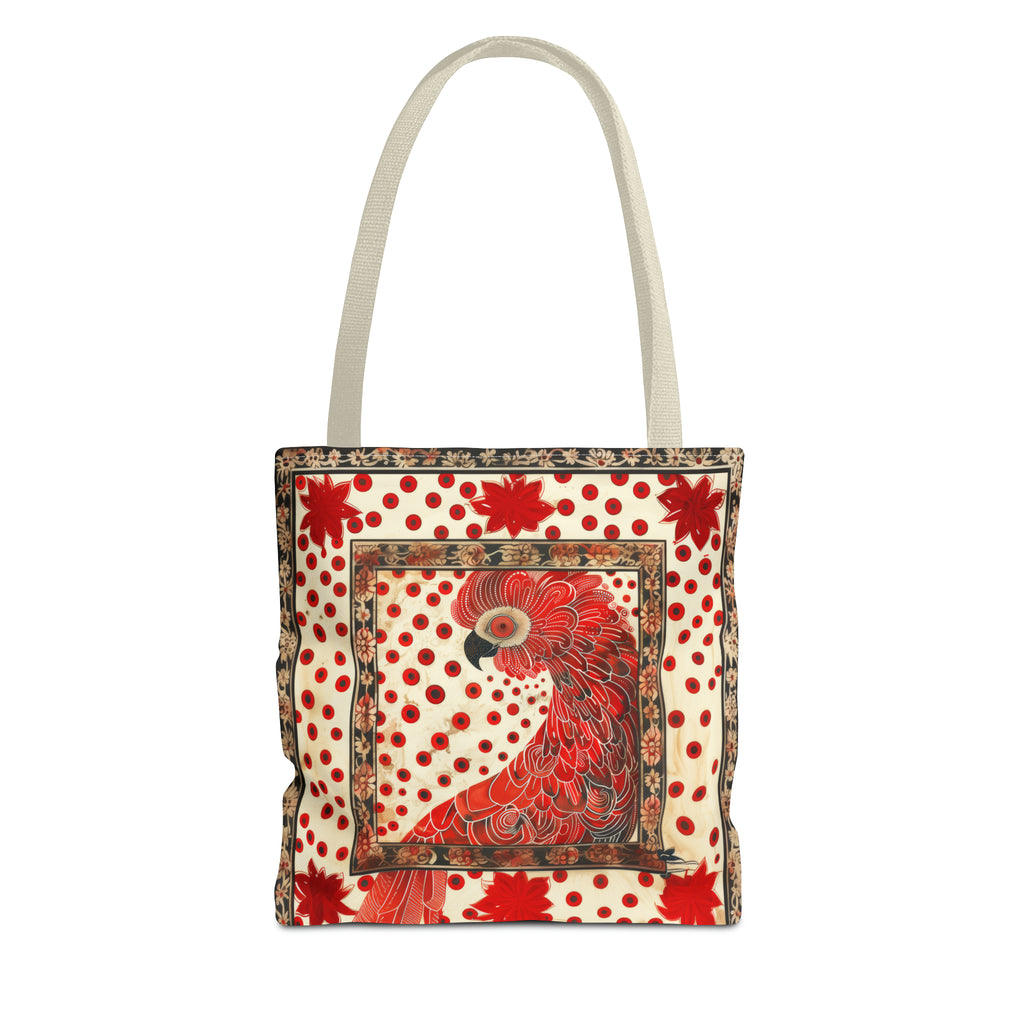 CanvasTote Bag, vintage inspired red cockatoo design, whimsical colorful printed bag, accessory tote , three sizes, all over print