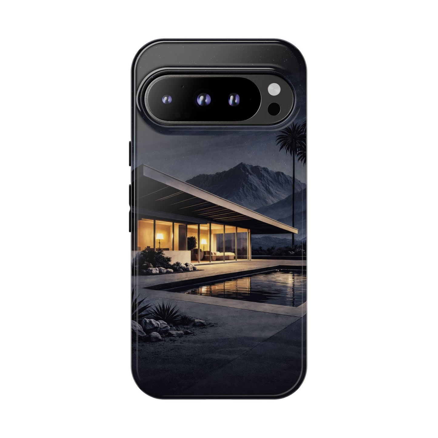 Modern Palm Springs House Phone Case — Mid-Century Poolside Evening Scene