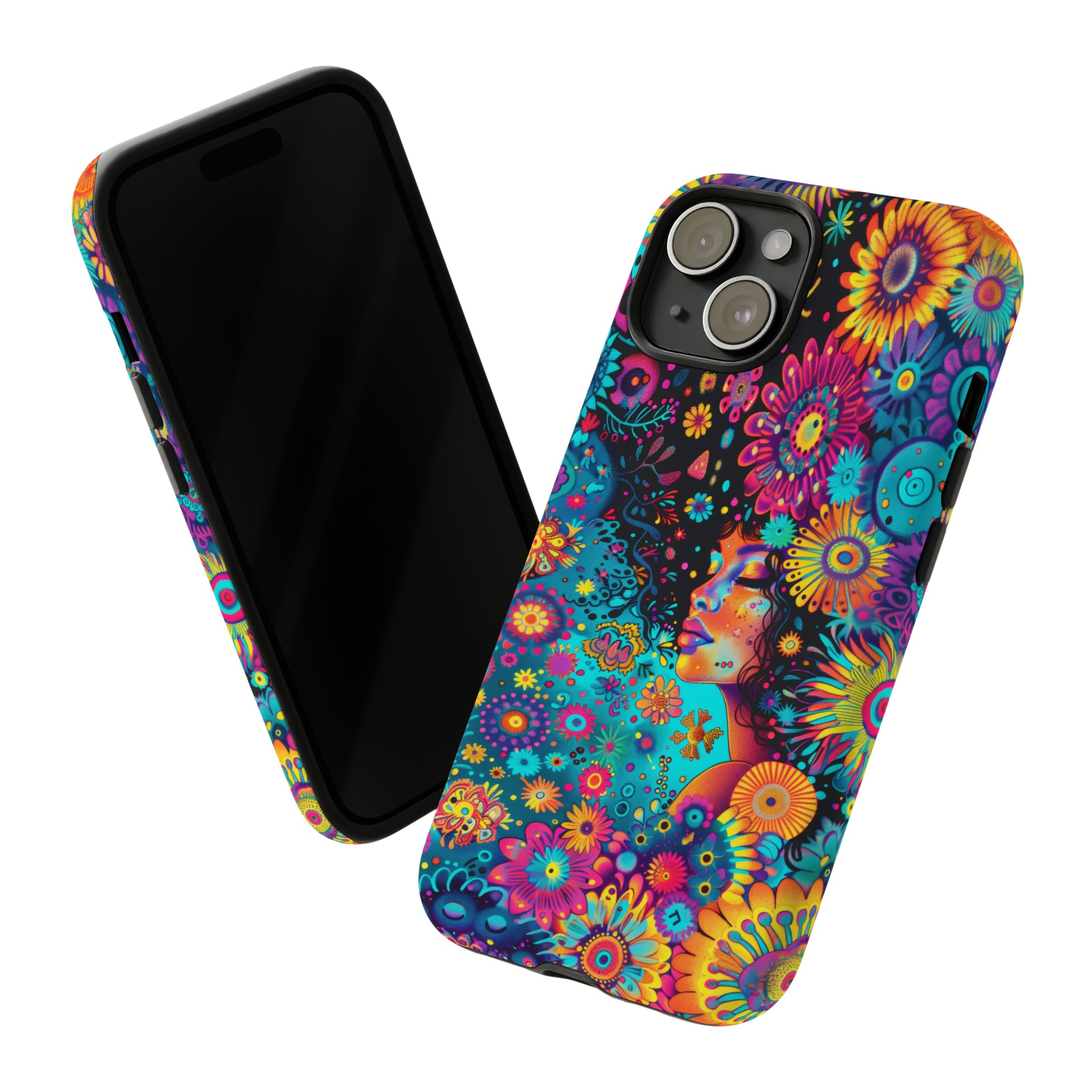 Phone Case, 1970's inspired flower girl, Artistic design, Tough Case, Colorful whimsical flower fantasy design, iPhone 15, 14, 13, 12, 11, Samsung, Pixel