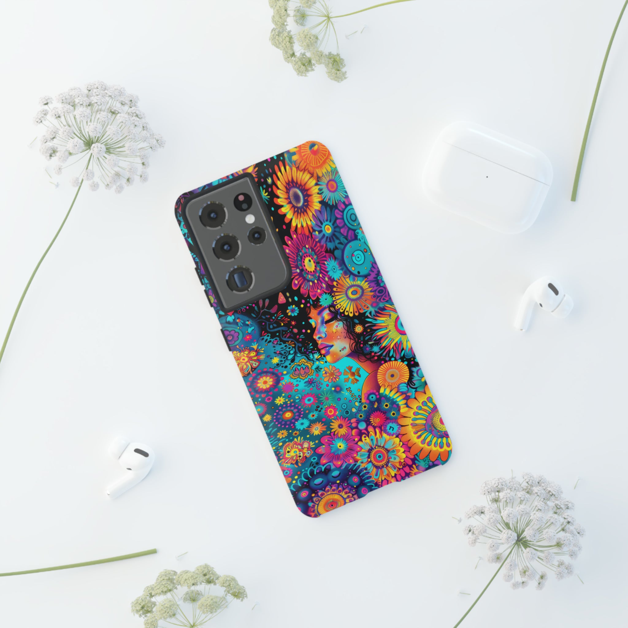 Phone Case, 1970's inspired flower girl, Artistic design, Tough Case, Colorful whimsical flower fantasy design, iPhone 15, 14, 13, 12, 11, Samsung, Pixel