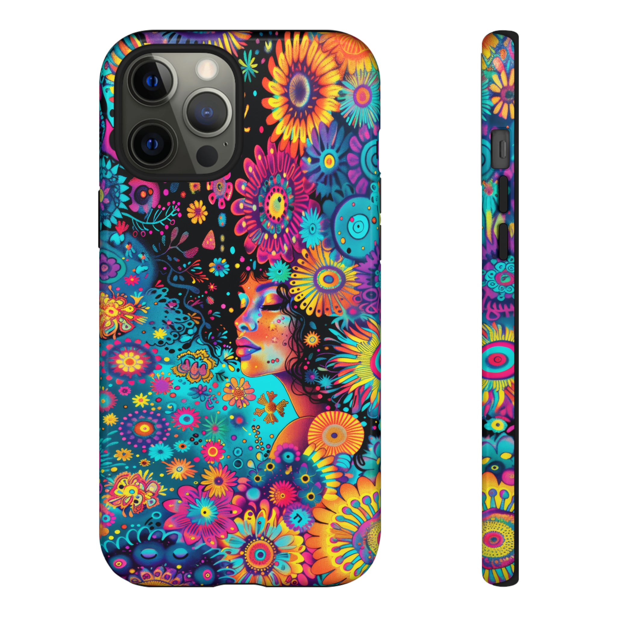 Phone Case, 1970's inspired flower girl, Artistic design, Tough Case, Colorful whimsical flower fantasy design, iPhone 15, 14, 13, 12, 11, Samsung, Pixel