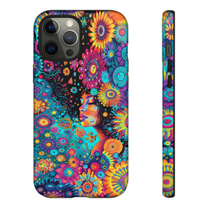 Phone Case, 1970's inspired flower girl, Artistic design, Tough Case, Colorful whimsical flower fantasy design, iPhone 15, 14, 13, 12, 11, Samsung, Pixel