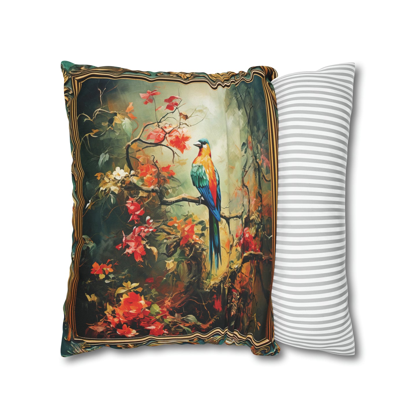 Square Pillow Case 18" x 18", CASE ONLY, no pillow form, original Art , a Colorful Bird on a Flowering Branch in the Forest