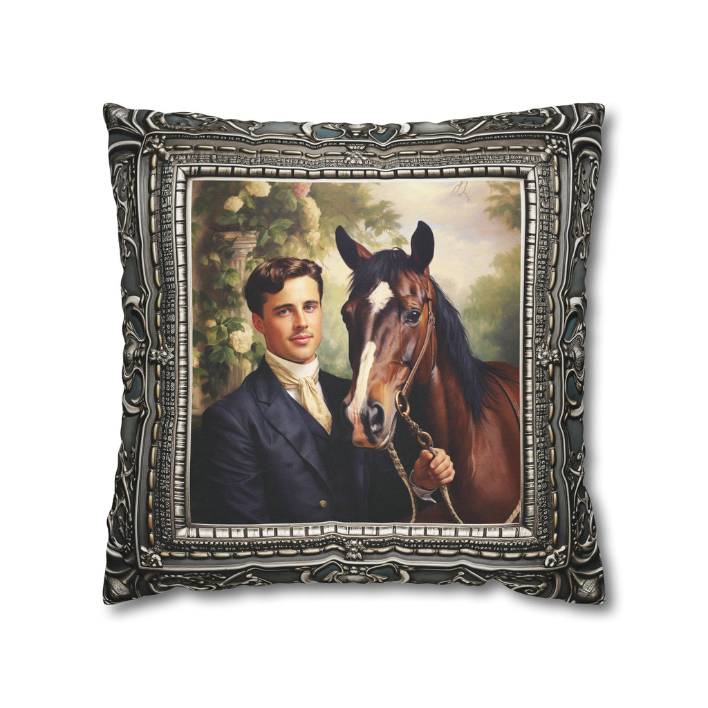 Square Pillow Case 18" x 18", CASE ONLY, no pillow form, original Art , a painting of an English Gent and His Horse Antique Frame