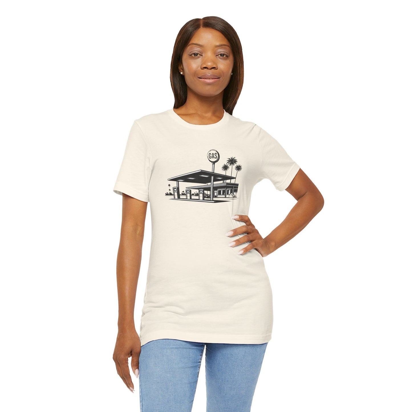 Mid Century Gas Station Graphic Tee, Icons of Mid Century series — Retro Desert Pump Illustration T-Shirt, Palm Springs Modern