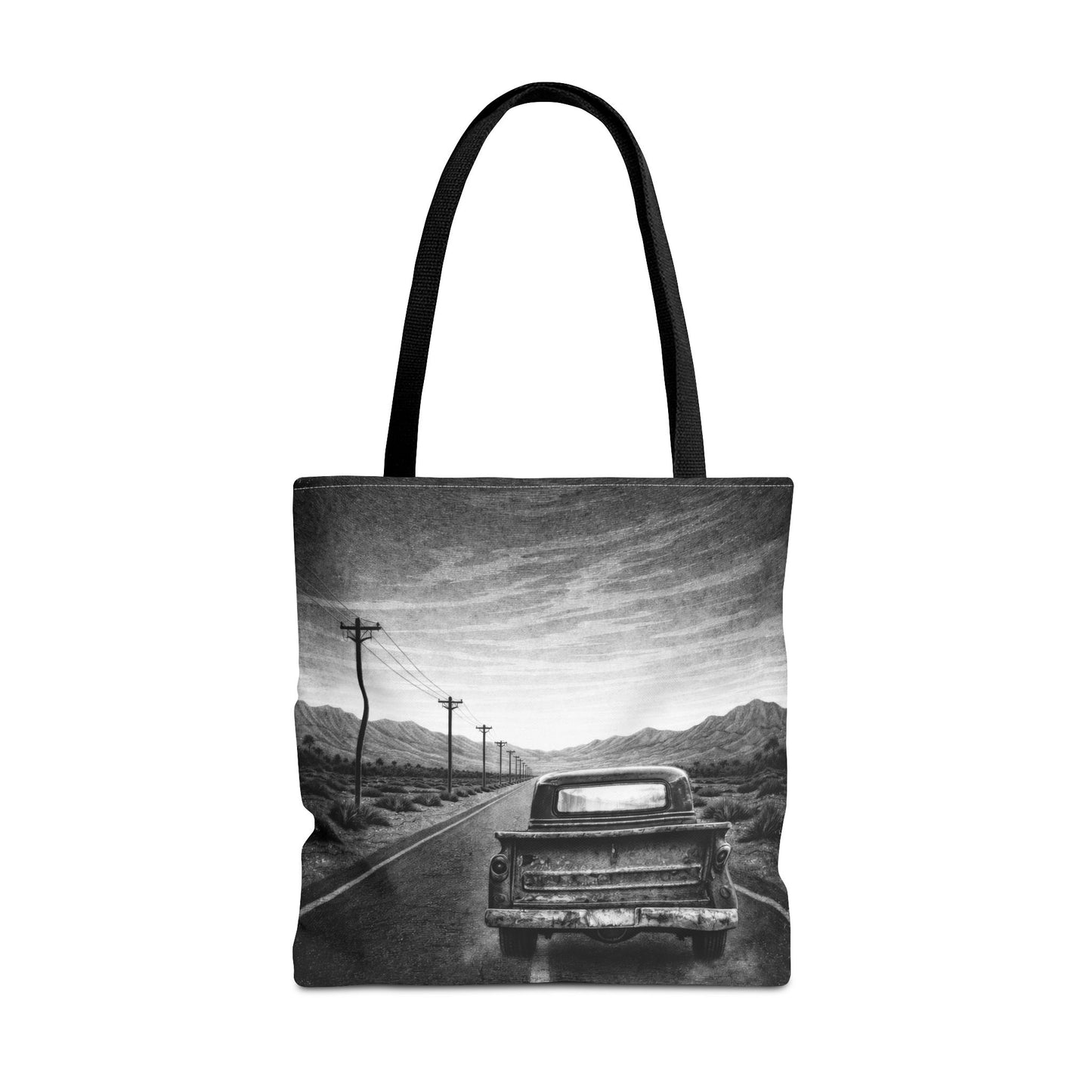 Vintage Road Trip Tote Bag — Black & White Classic Vintage Truck Travel Scene