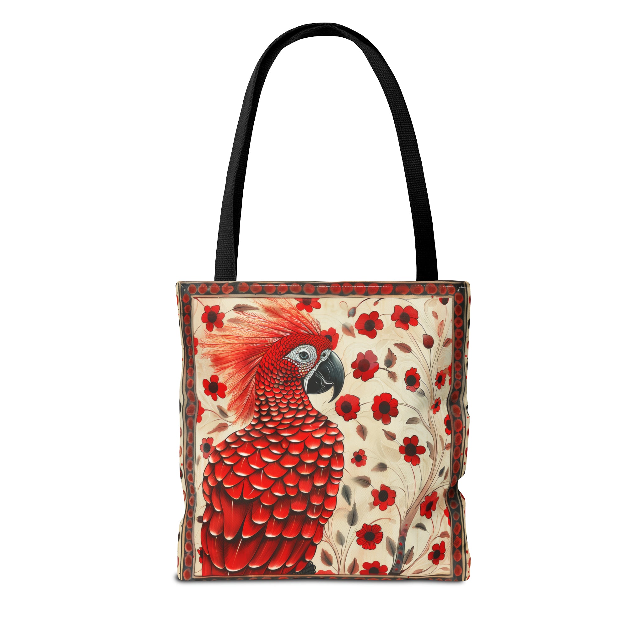 CanvasTote Bag, vintage inspired red parrot design, whimsical colorful bird printed bag, accessory tote , three sizes, all over print