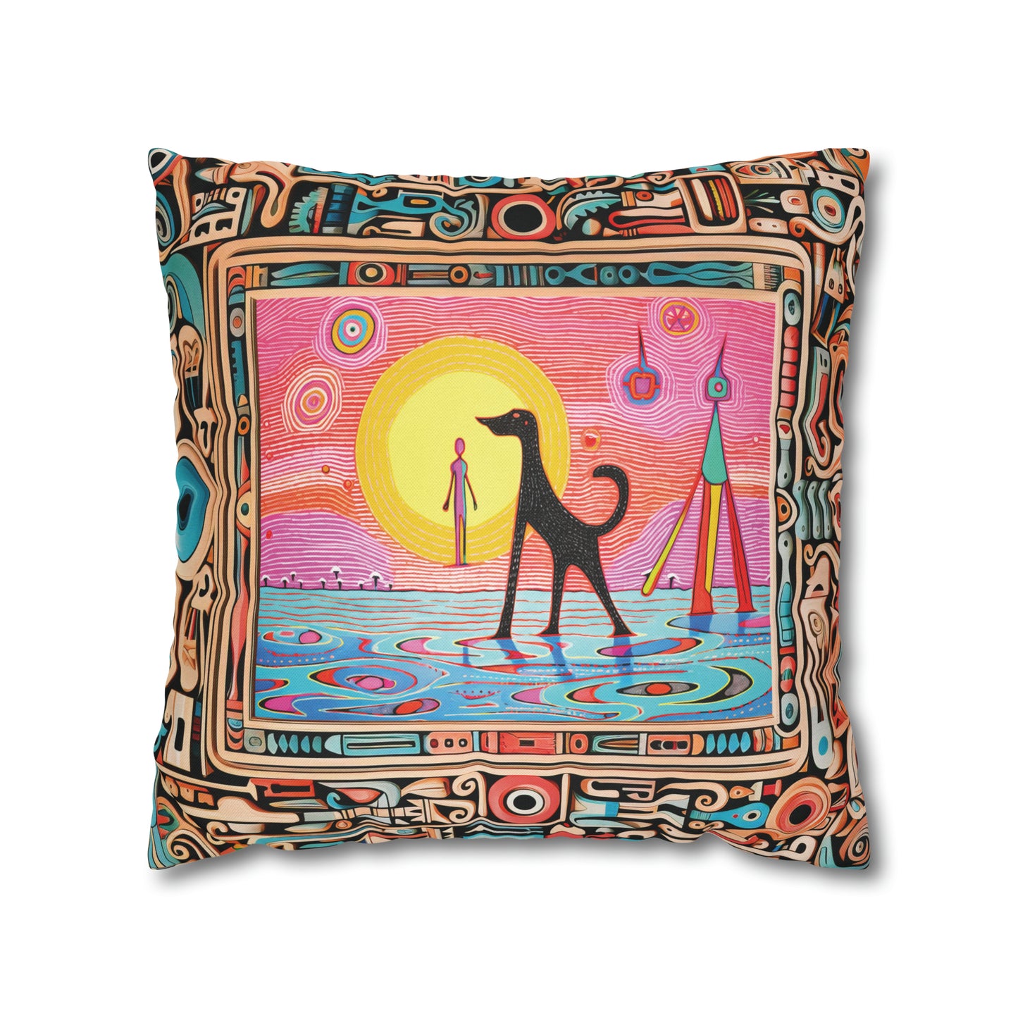 Square Pillow Case 18" x 18", CASE ONLY, no pillow form, original Pop Art Style, Alien Dog Taking a Swim, Image in a frame