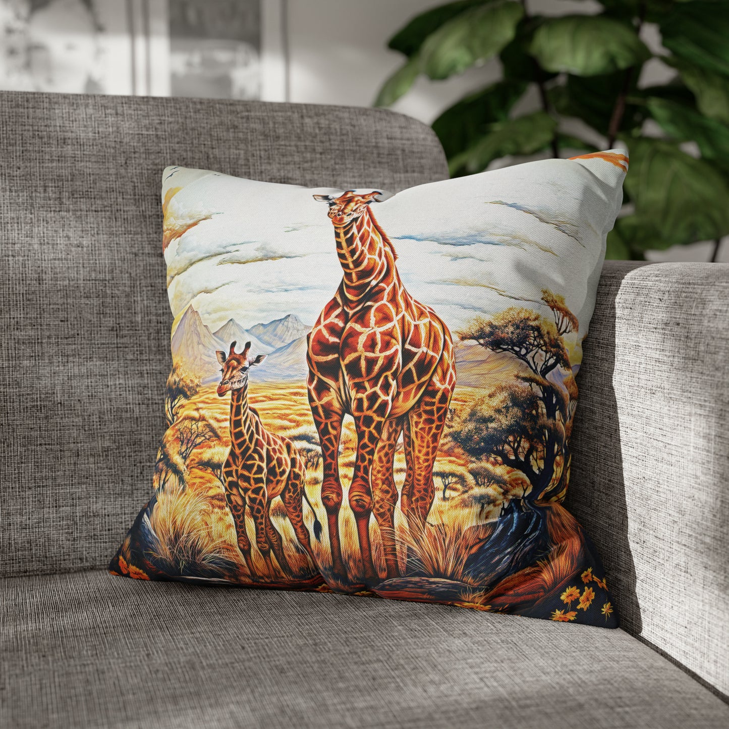 Square Pillow Case 18" x 18", CASE ONLY, no pillow form, original Art ,Colorful, A Mother Giraffe and Her Calf on the African Plain