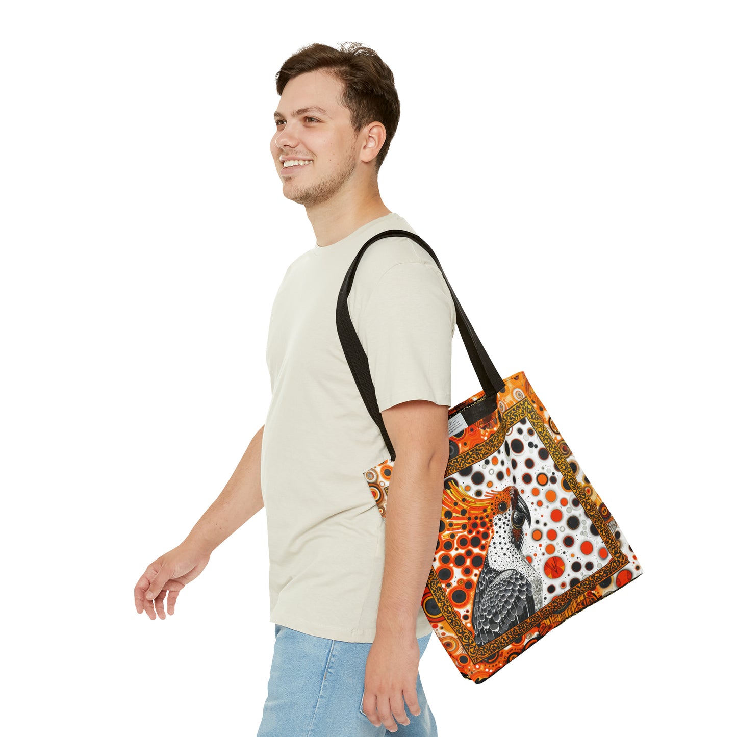 Canvas Tote Bag, Mod inspired orange bird design, vibrant artistic accessory, whimsical all over print bag in three sizes with cockatoo design