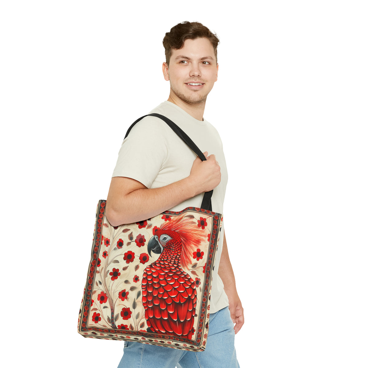 CanvasTote Bag, vintage inspired red parrot design, whimsical colorful bird printed bag, accessory tote , three sizes, all over print