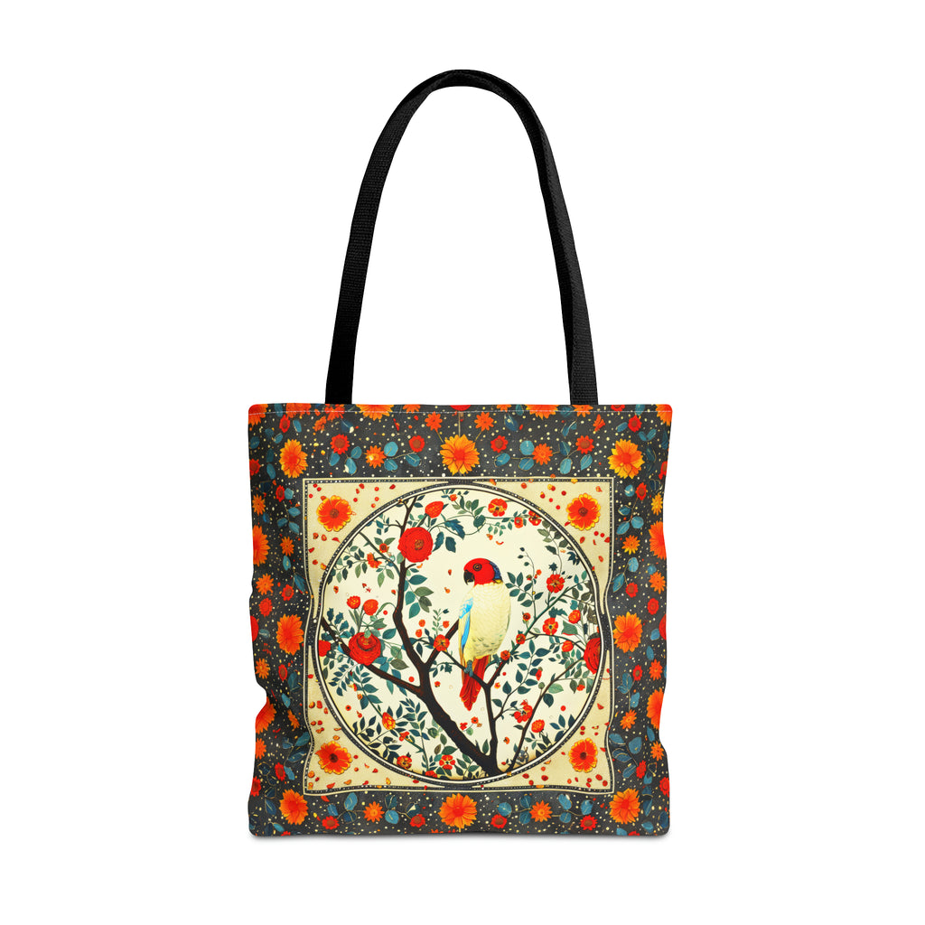 Canvas Tote Bag, vintage inspired exotic bird in a flowering tree design, vibrant artistic accessory, whimsical all over print bag in three sizes
