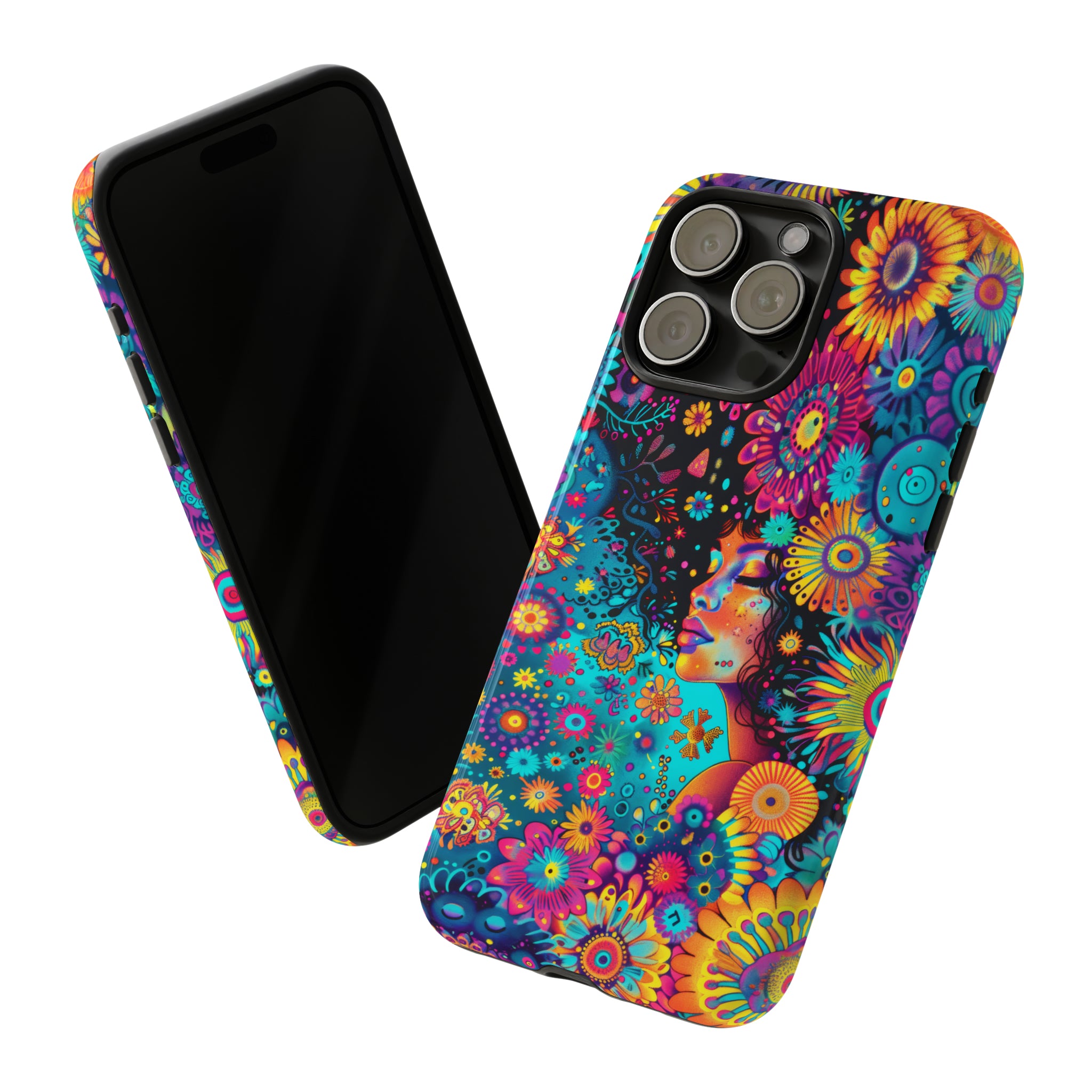 Phone Case, 1970's inspired flower girl, Artistic design, Tough Case, Colorful whimsical flower fantasy design, iPhone 15, 14, 13, 12, 11, Samsung, Pixel