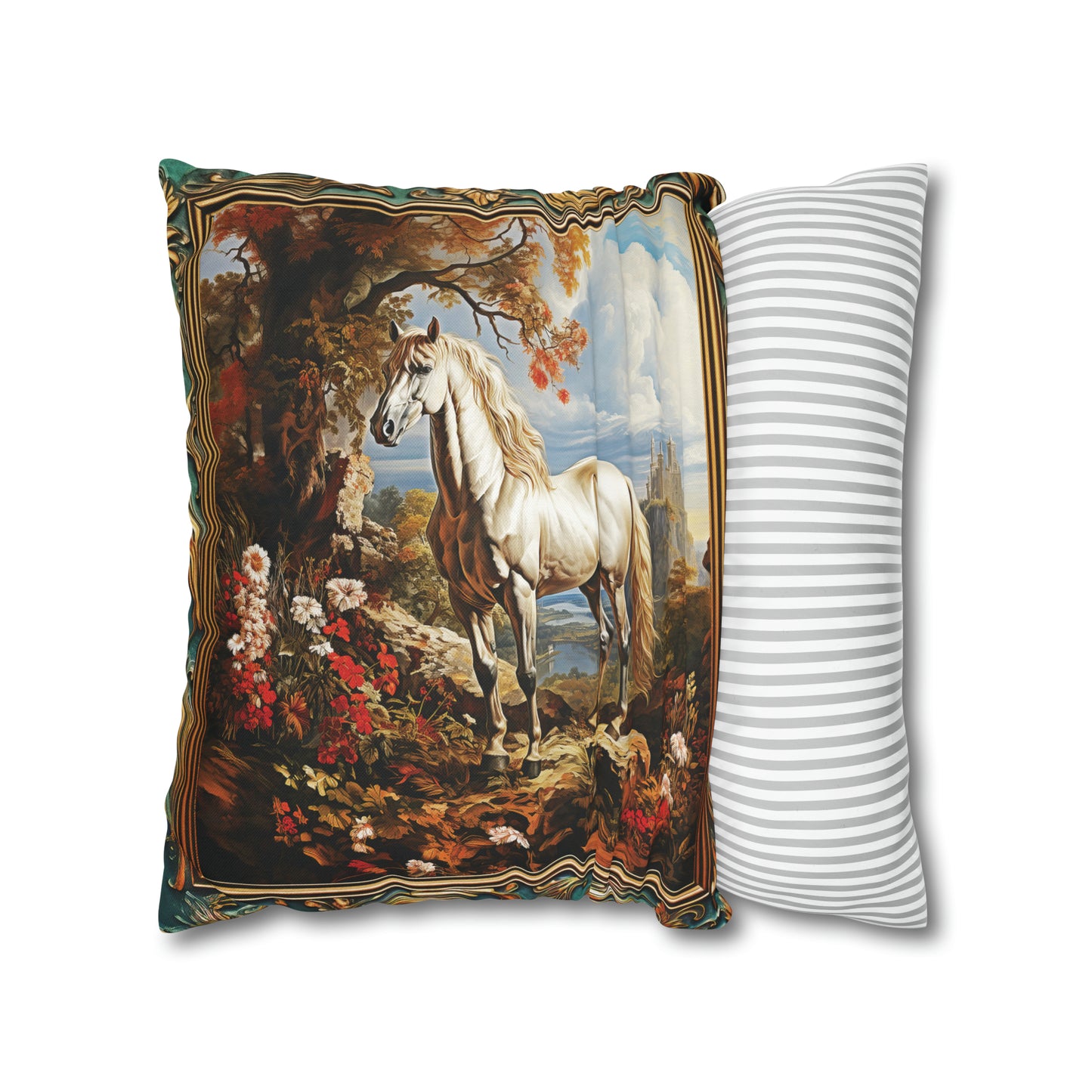 Square Pillow Case 18" x 18", CASE ONLY, no pillow form, original Art ,Colorful, A beautiful White Horse in a European Landscape