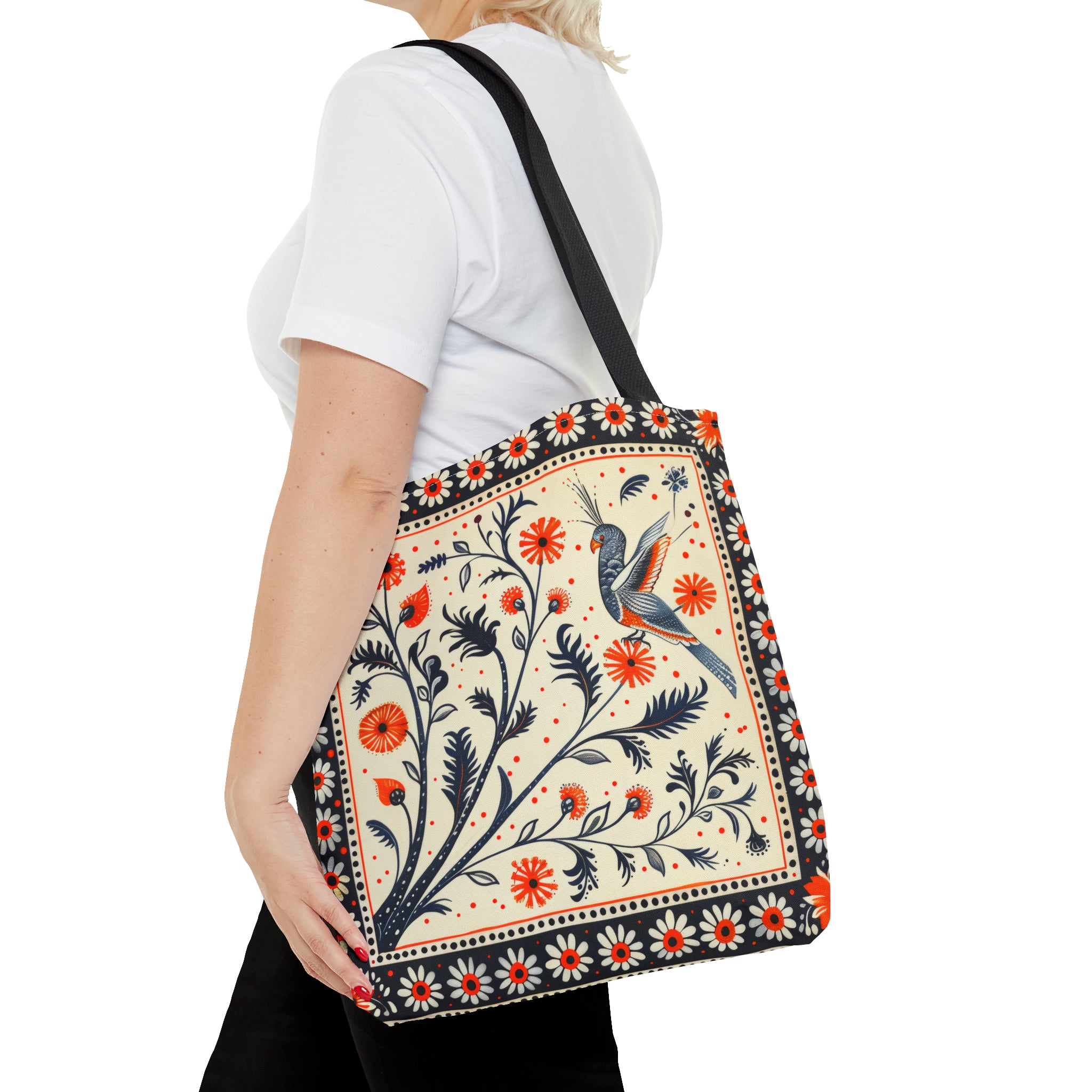 Canvas Tote Bag, red & black vintage inspired bird on a branch design, vibrant artistic accessory, whimsical all over print bag in three sizes