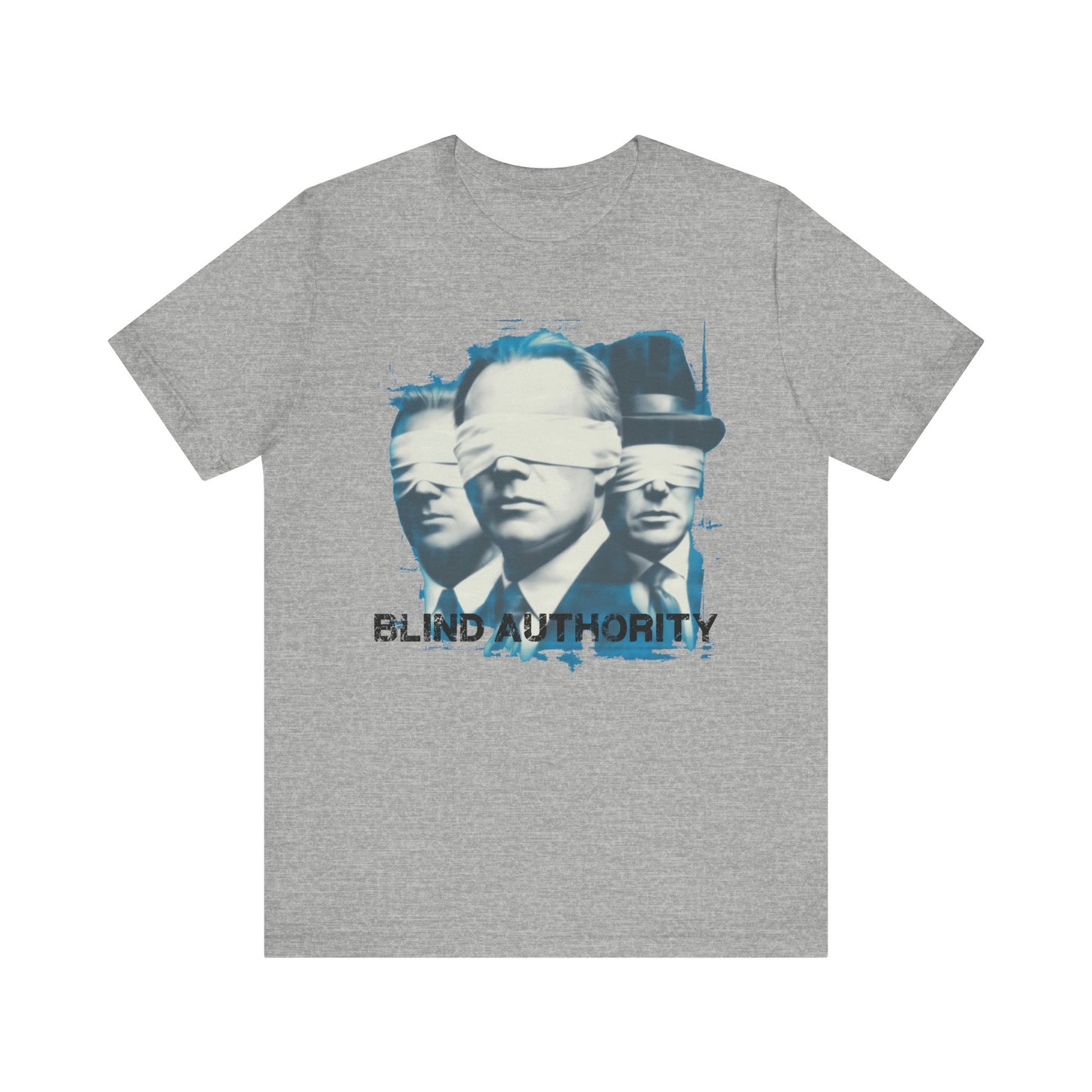 Blind Authority Graphic Tee – Concept Art Shirt, Blindfolded Men, Political Satire, Retro Pop Art, Streetwear Commentary