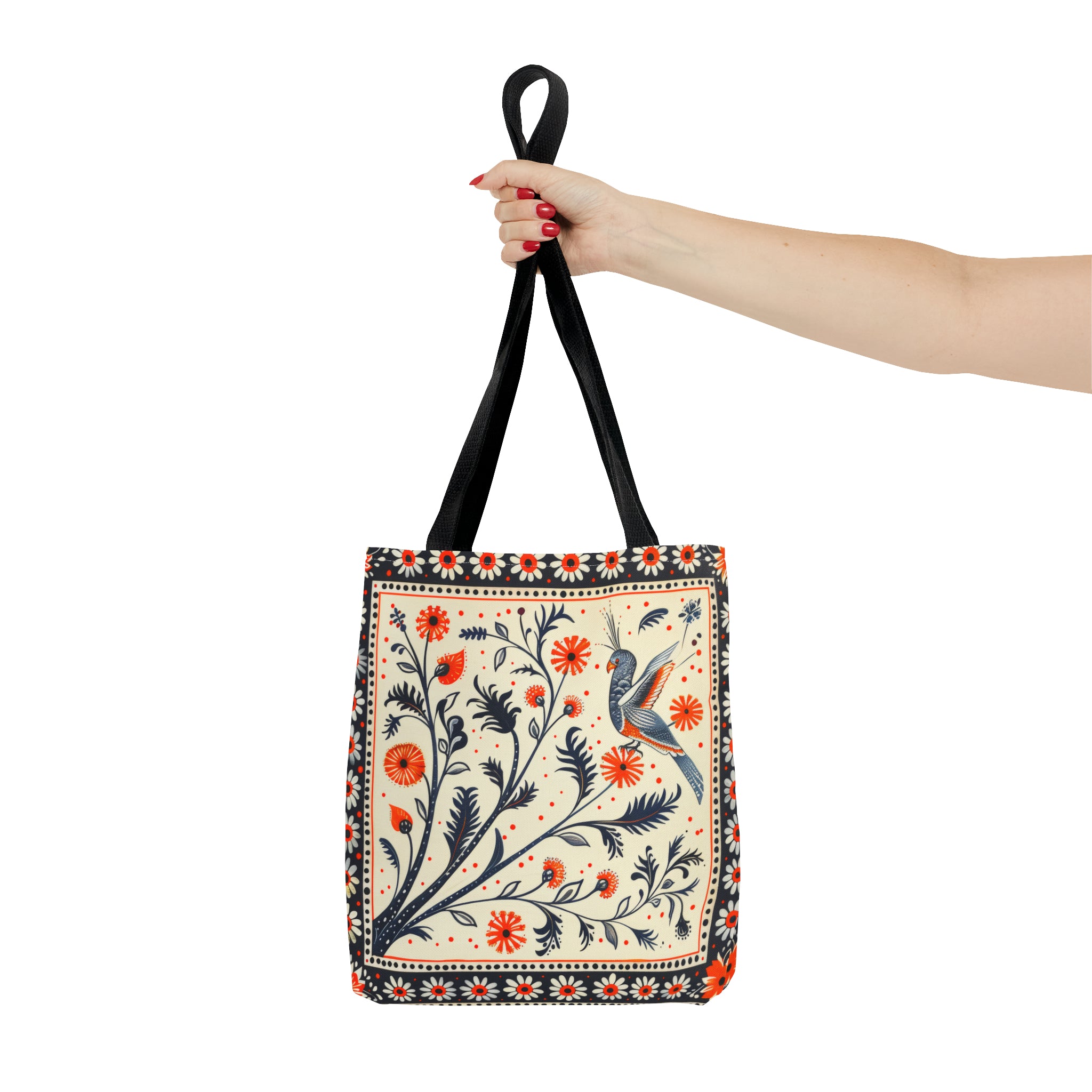 Canvas Tote Bag, red & black vintage inspired bird on a branch design, vibrant artistic accessory, whimsical all over print bag in three sizes