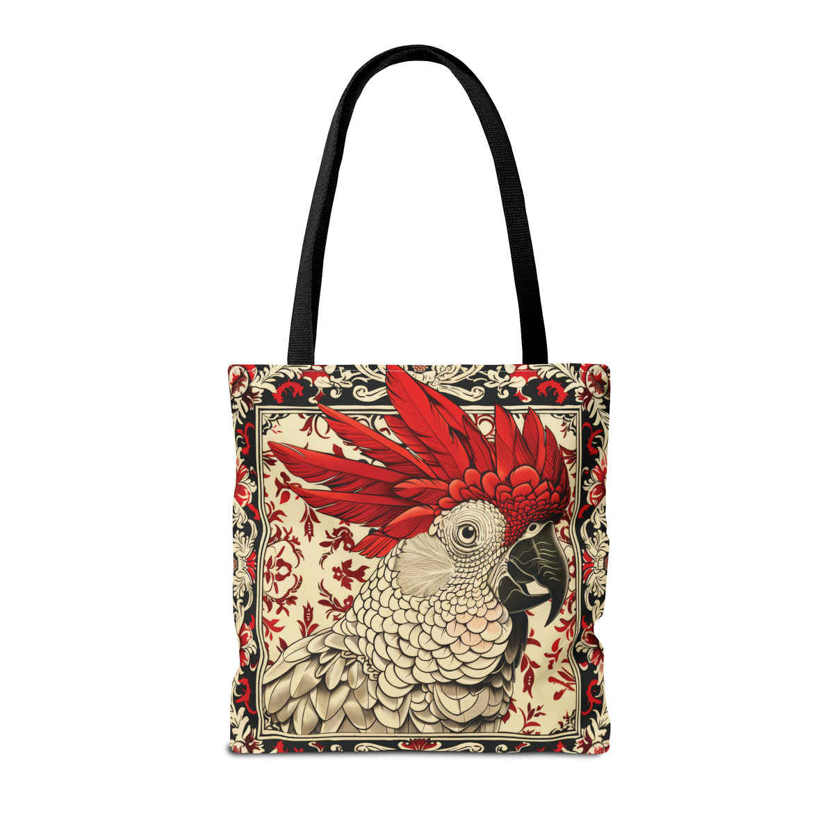 Canvas Tote Bag, vintage inspired cockatoo design, vibrant artistic accessory, whimsical all over print bag, three sizes
