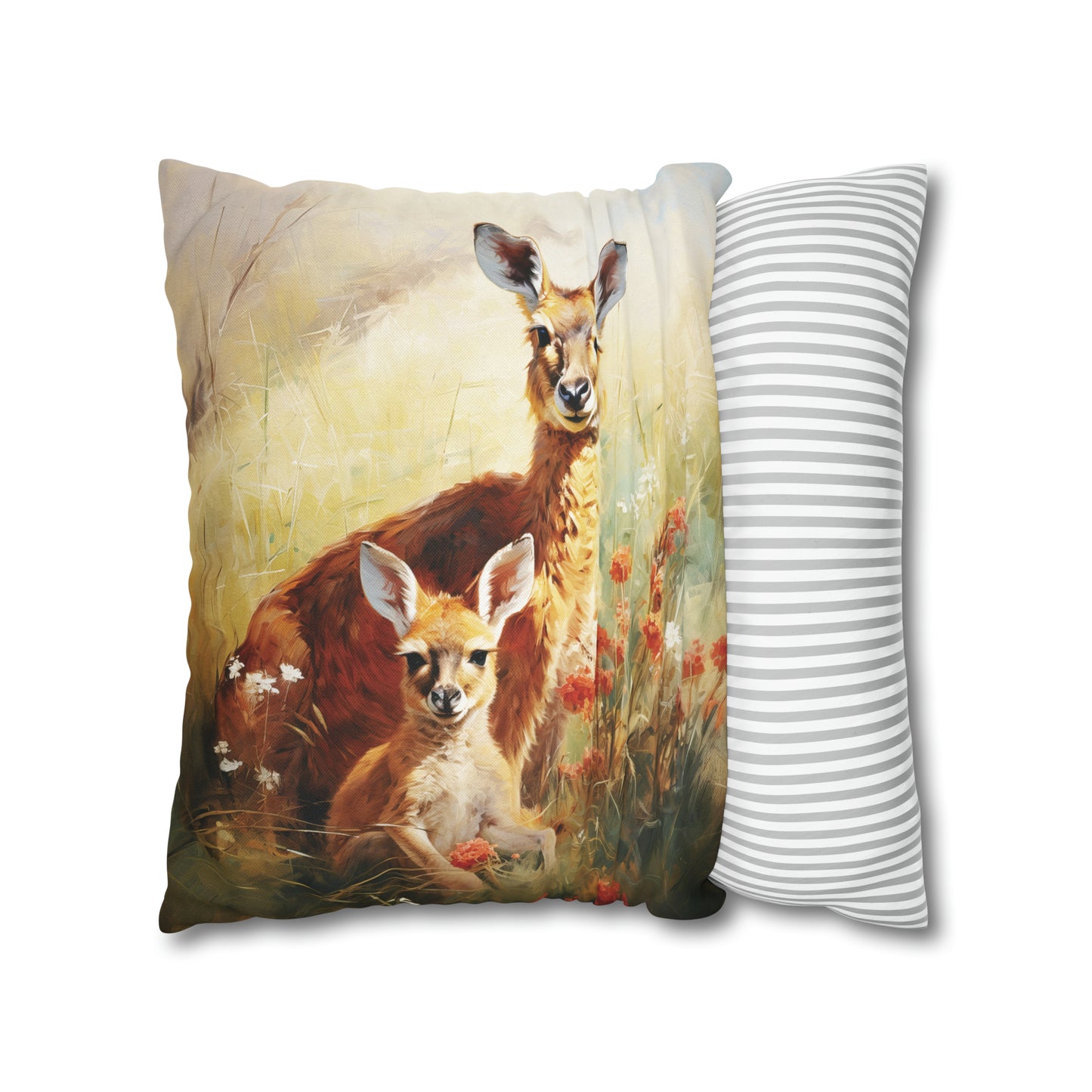 Square Pillow Case 18" x 18", CASE ONLY, no pillow form, original Art ,Colorful, a Mother Kangaroo with Her Joey in the Golden Grass with Flowers