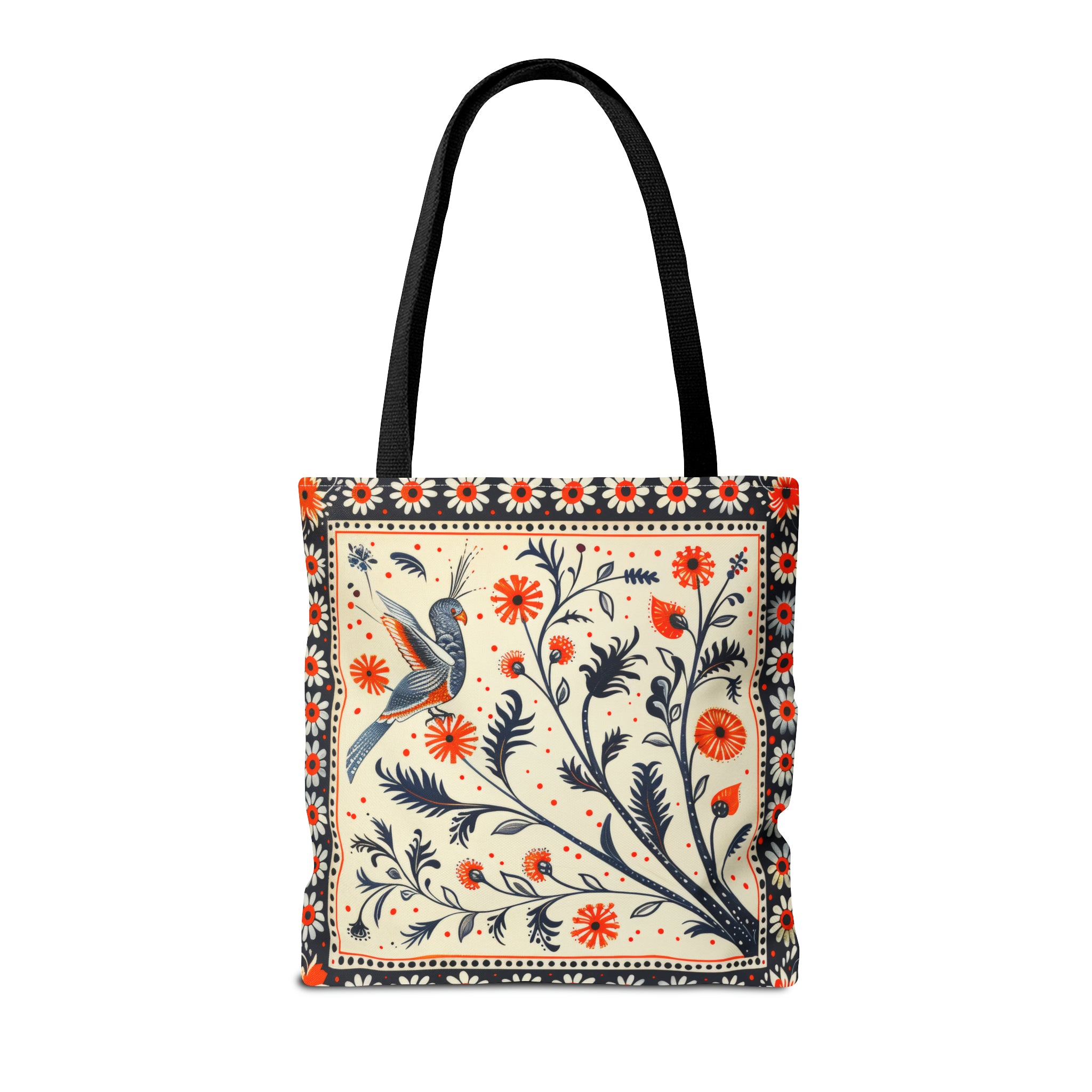 Canvas Tote Bag, red & black vintage inspired bird on a branch design, vibrant artistic accessory, whimsical all over print bag in three sizes