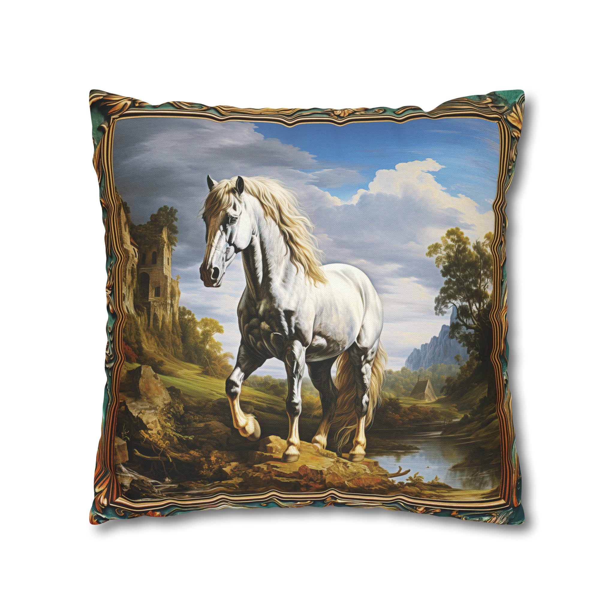 Square Pillow Case 18" x 18", CASE ONLY, no pillow form, original Art ,Colorful, Beautiful White Stallion with a Castle and Mountains