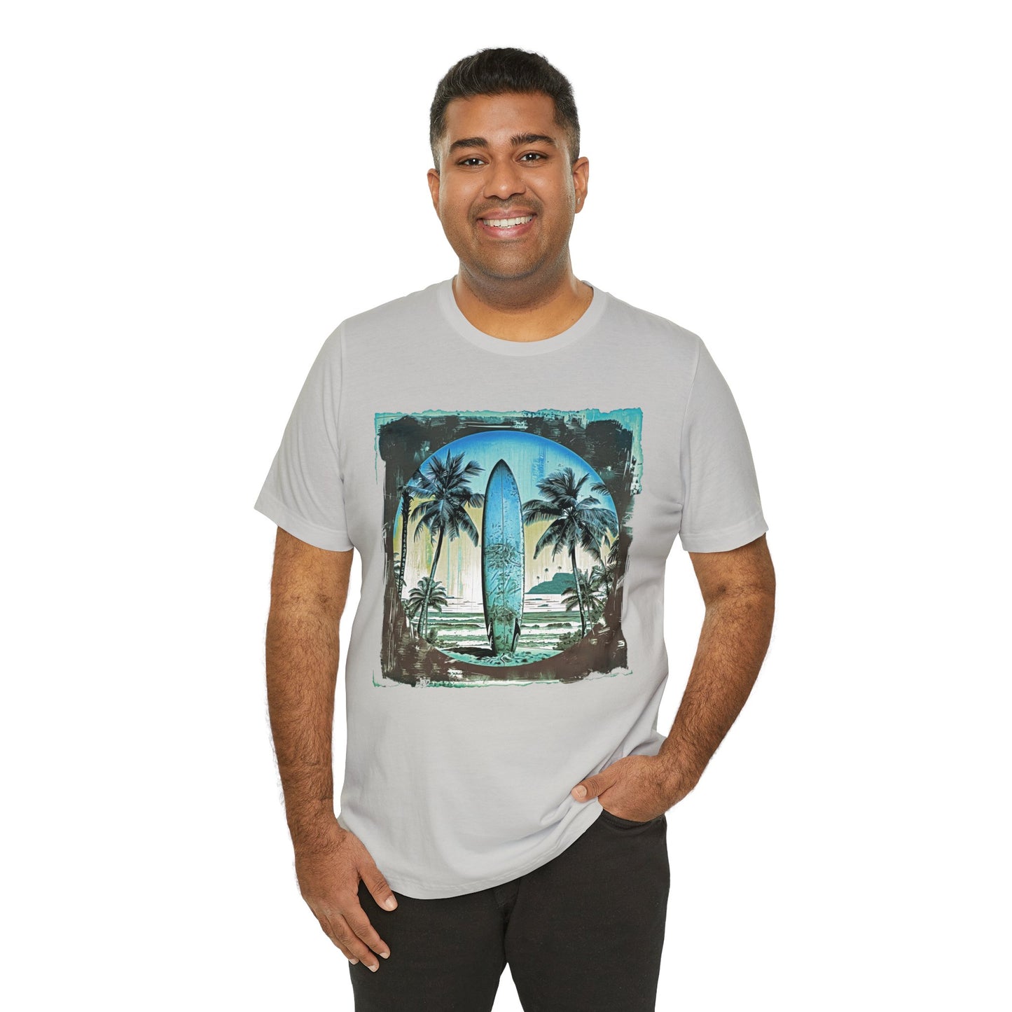 Blue board on the beach Unisex Jersey Short Sleeve Tee
