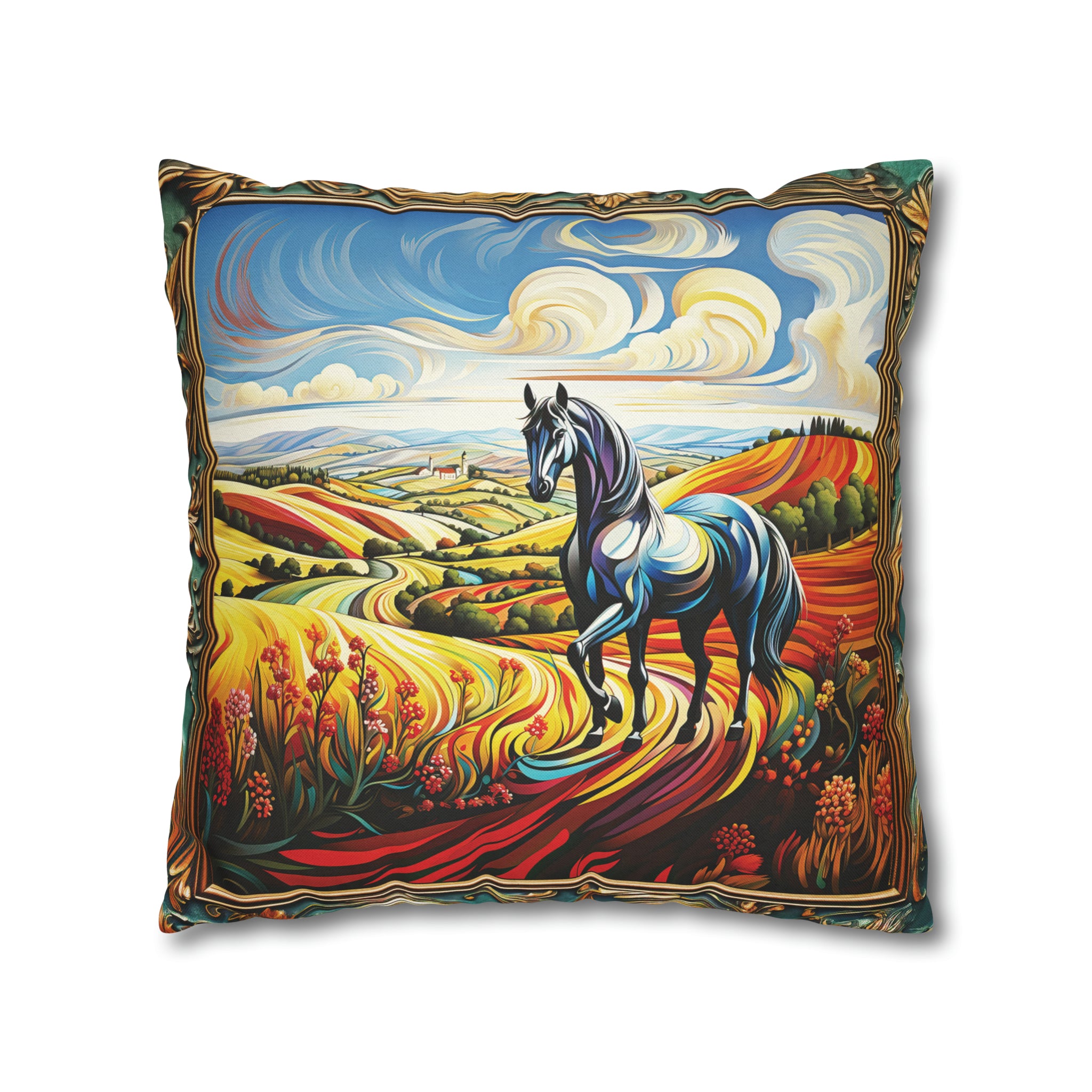 Square Pillow Case 18" x 18", CASE ONLY, no pillow form, original Art ,Colorful, Beautiful Horse on a Rainbow Landscape.