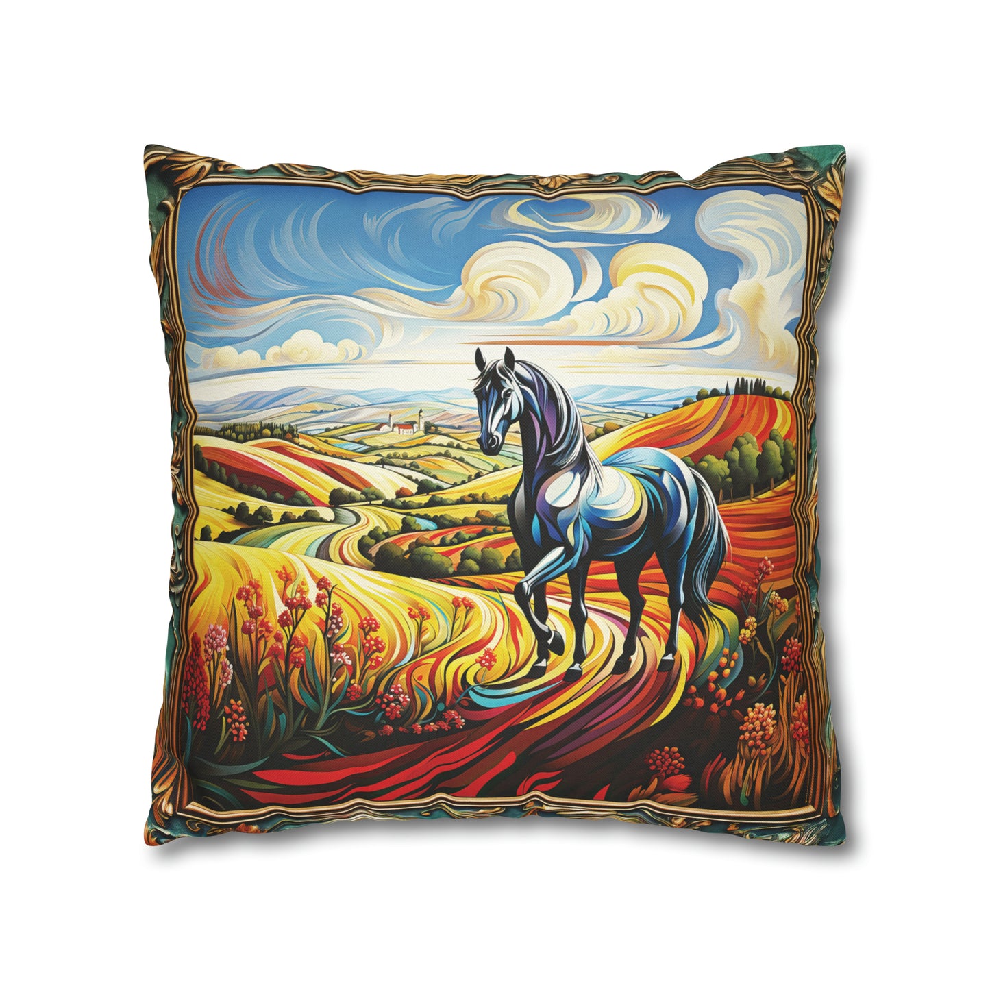 Square Pillow Case 18" x 18", CASE ONLY, no pillow form, original Art ,Colorful, Beautiful Horse on a Rainbow Landscape.