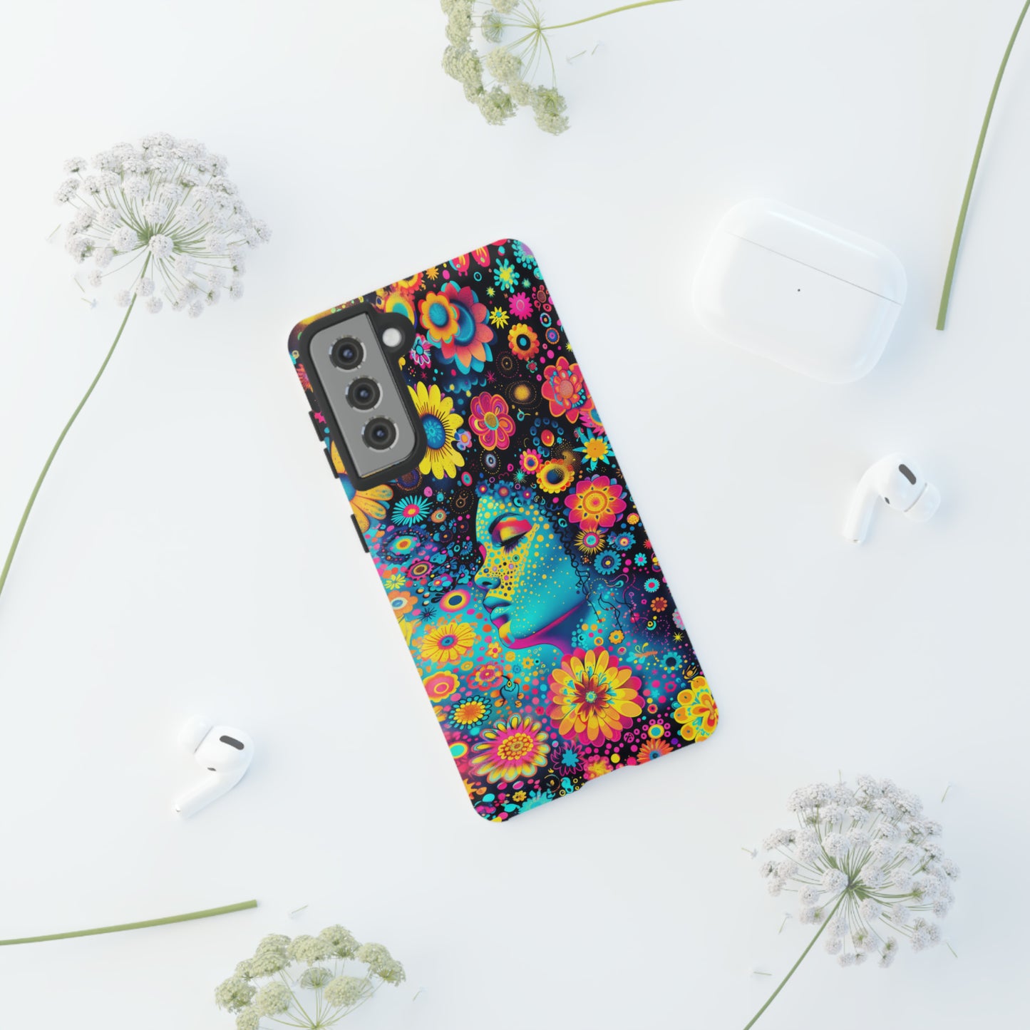 Phone Case, flower girl in aqua, Artistic design, Tough Case, Colorful whimsical flower fantasy design, iPhone 15, 14, 13, 12, 11, Samsung, Pixel