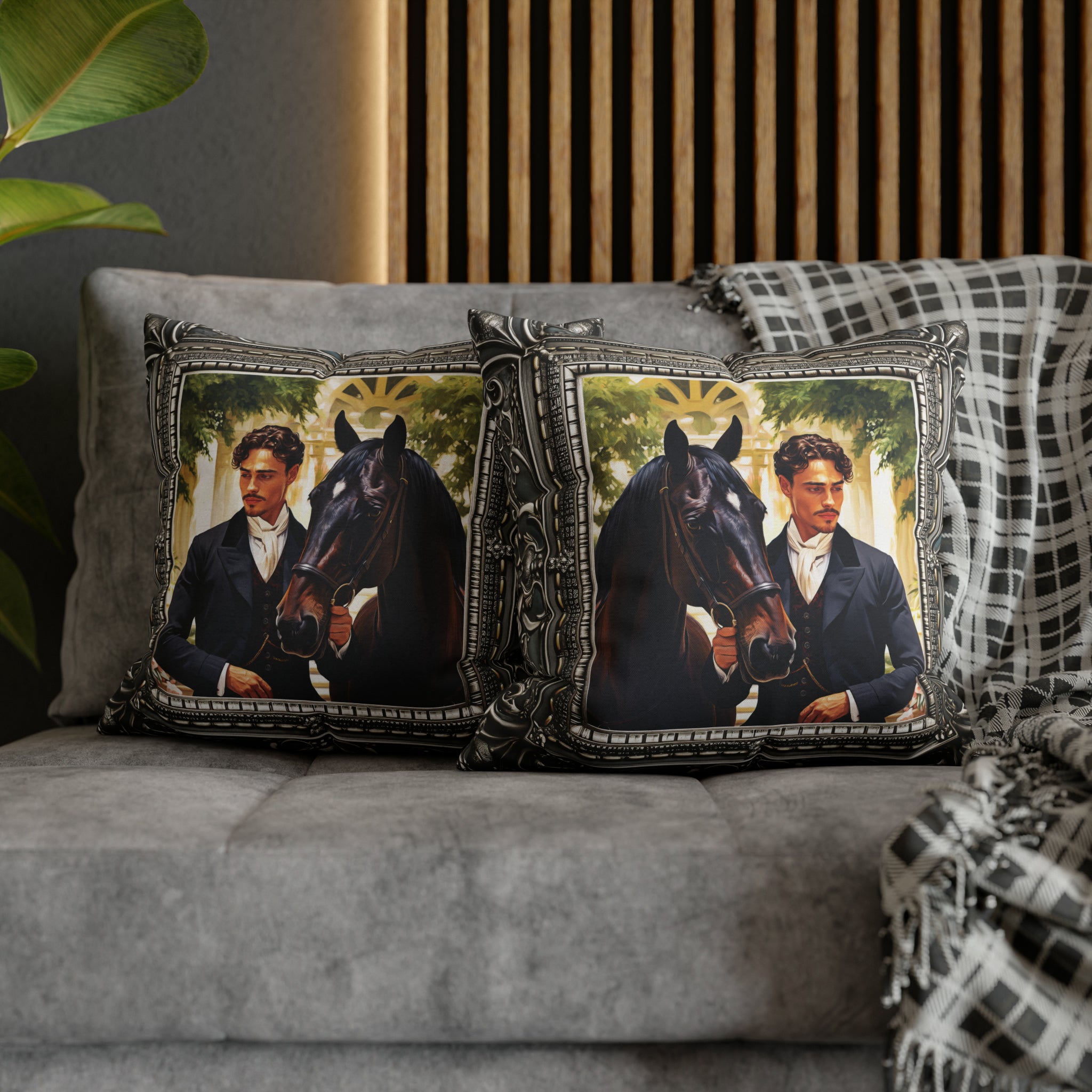 Square Pillow Case 18" x 18", CASE ONLY, no pillow form, original Art, a Painting of a young Nobleman and his Horse in an Antique Frame