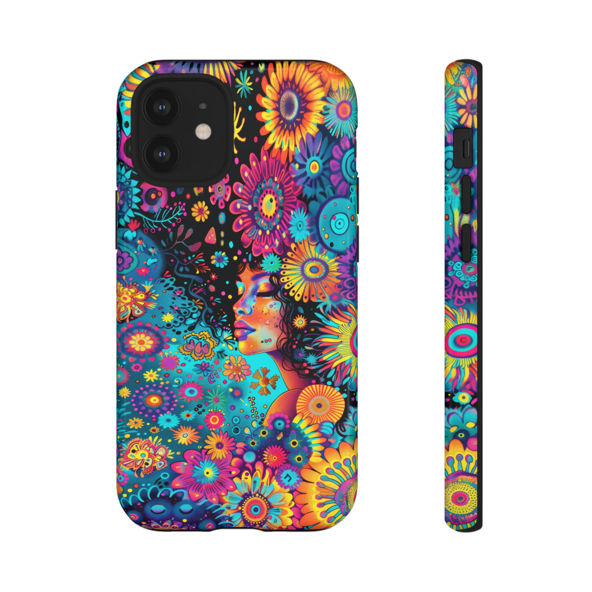 Phone Case, 1970's inspired flower girl, Artistic design, Tough Case, Colorful whimsical flower fantasy design, iPhone 15, 14, 13, 12, 11, Samsung, Pixel